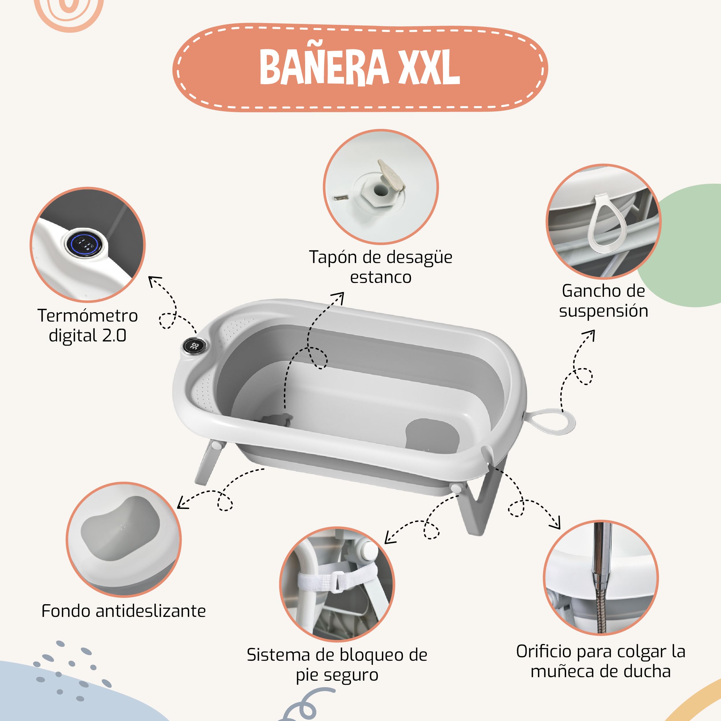 SUPERBE BEBE Bañera Plegable Bebé con Patas y Soporte – Baby Bathtub XXL con Termómetro, Asiento Ergonómico y Tubo de Desagüe – Desde recién nacido hasta 3 años para bebés - Cadeau Bebé