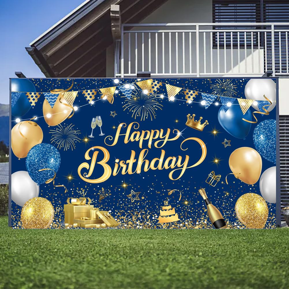 Blue Gold Happy Birthday Party Backdrops Cloth 180 x 120 cm Happy Birthday Banner Happy Birthday Decorations Backdrop Birthday Photo Backdrop Backgroud for Boys Men : Toys & Games