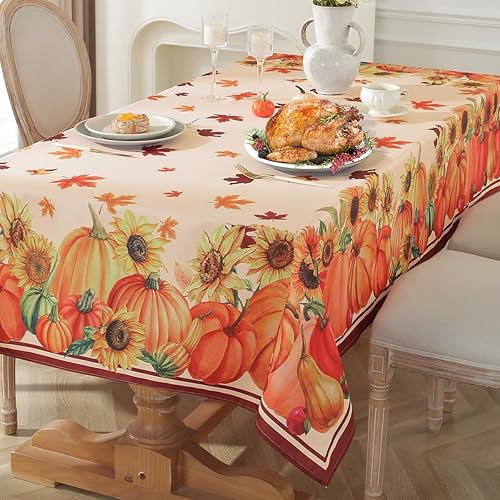 Miniatura 2 de SASTYBALE Mantel rectangular de Acción de Gracias de 60 x 120 pulgadas, manteles de calabaza con patrón de elementos otoñales, mantel lavable y