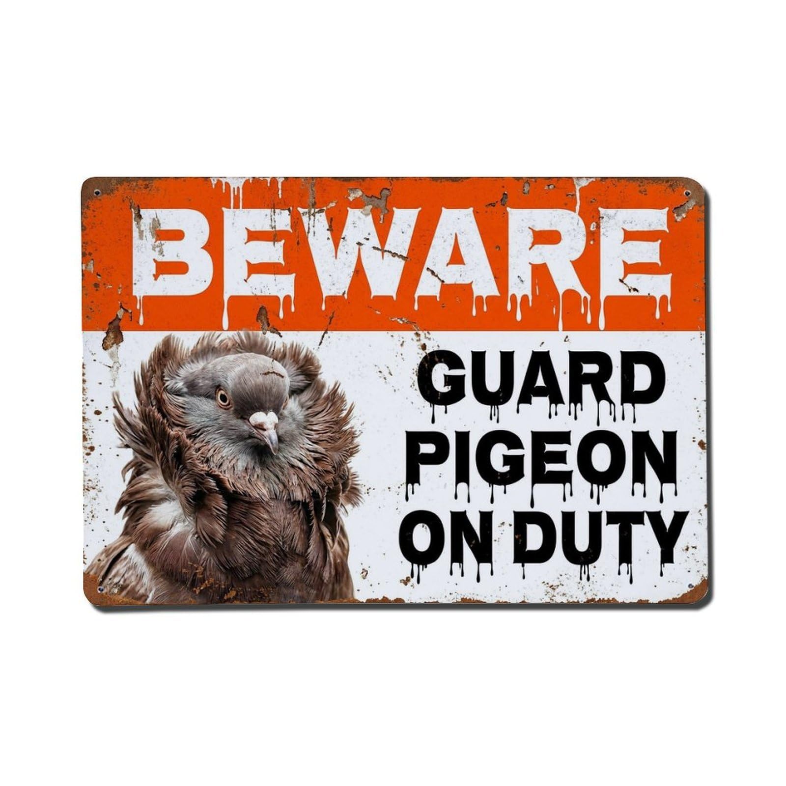 Vintage Funny Pigeon Guard Beware of Bird Steps Metal Tin Sign