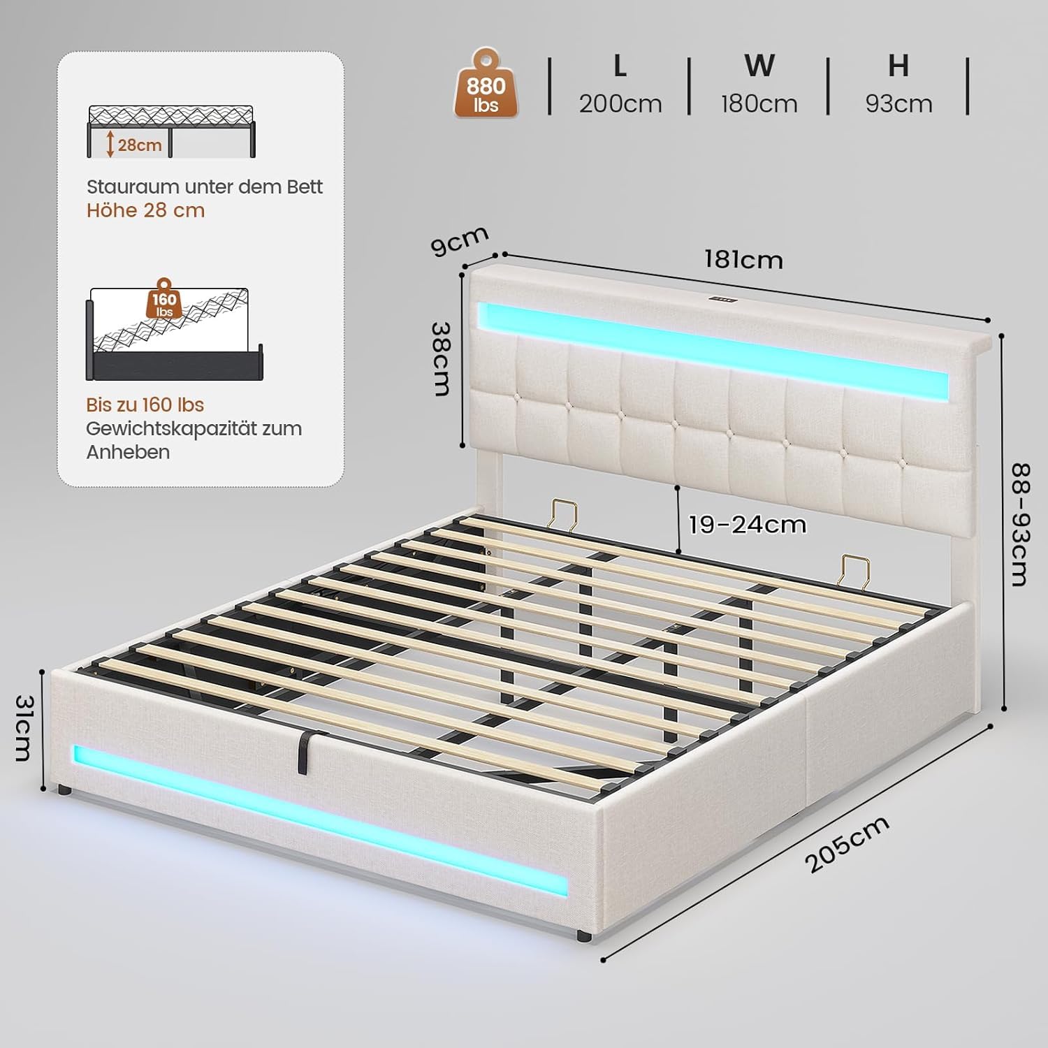 AOGLLATI Letto Matrimoniale Contenitore 180x200 cm, Struttura Letto con Illuminazione LED e Stazione di Ricarica, Letto Matrimoniale con Vano Contenitore Idraulico e Testiera Regolabile, Beige