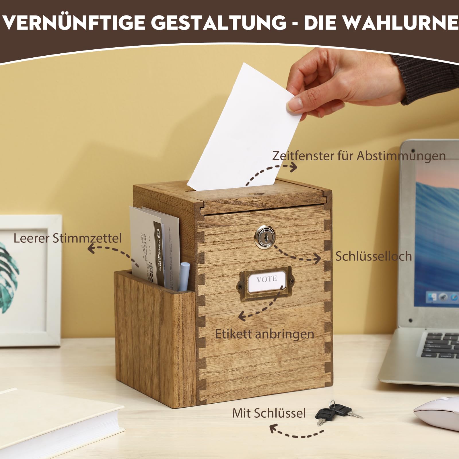KIRIGEN Vorschlagsbox aus Paulownia-Holz mit Schloss, Wandmontage, Einwurfschlitz 10,5 x 0,5 cm, Dunkelbraun