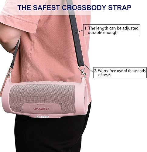 Miniatura 4 de LTGEM - Funda de silicona para altavoz JBL Charge 4, protector de viaje de gel suave, bolsa de goma impermeable con correa para el hombro (rosa)