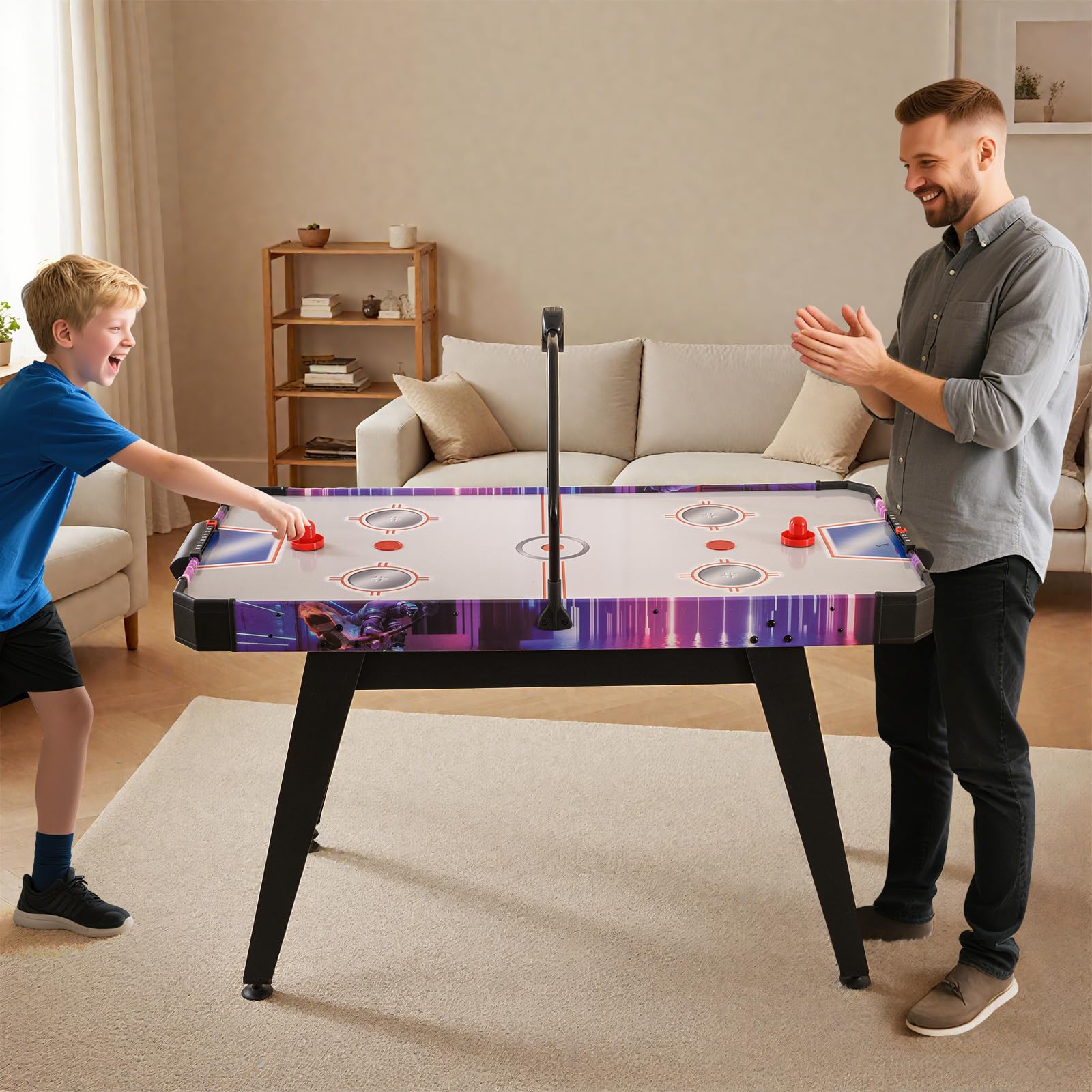 HOMASIS Tavolo da Gioco di Air Hockey con Tabellone Segnapunti LED, 2 Aste e Dischetti, Pedali Regolabili, Tavolo da Hockey per Famiglia, Bar, Casa, Ufficio, per Bambini e Adulti