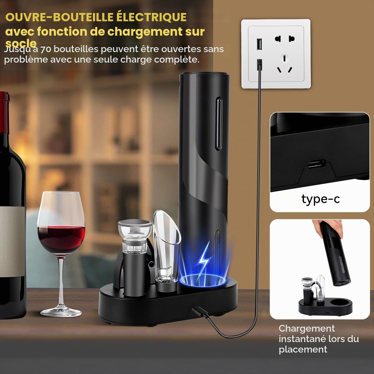 Hotec Tire-bouchon électrique - Décapsuleur automatique - Idée cadeau - Décapsuleur de vin - Tire-bouchon de vin avec coupe-capsule - Câble USB - Bec verseur - Bouchon sous vide