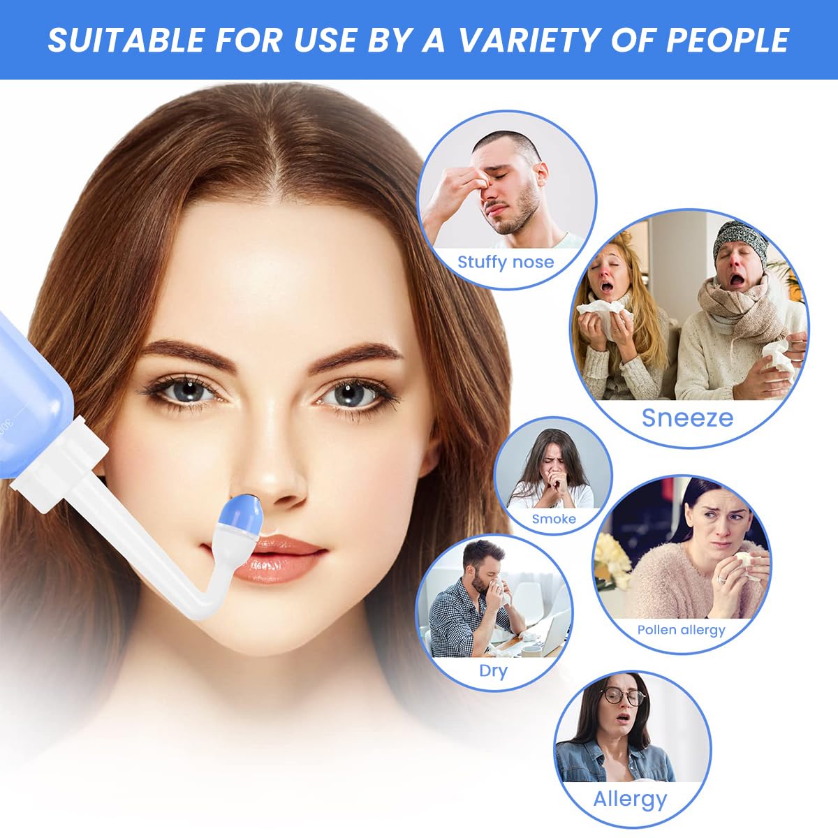 HANNEA® Nasal Rinser Kit for Sinus & Allergy Relief, With 30 Packs Nasal Wash Saline(2.7g/per pack) 300ml Reusable Nasal Rinser Kettle, Relieve Nasal Discomfort, Suits for Daily Use, with 2 Rinse Tips - Image 4 thumbnail