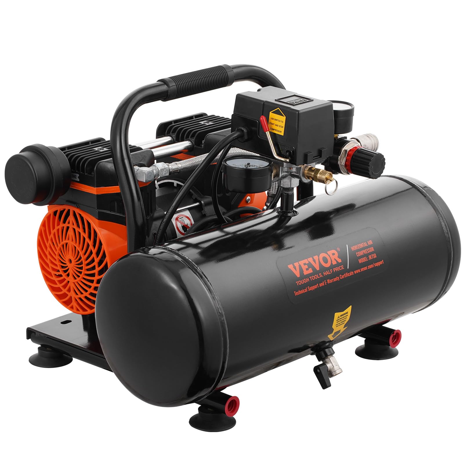VEVOR Compresseur d'Air sans Huile, Réservoir Acier 8 L, 220 V, 860 W, 2,5 CFM 8 bar, Pression Max 120 PSI, Compresseur Silencieux Portable pour Réparation Auto, Gonflage Pneus, Peinture Pistolet
