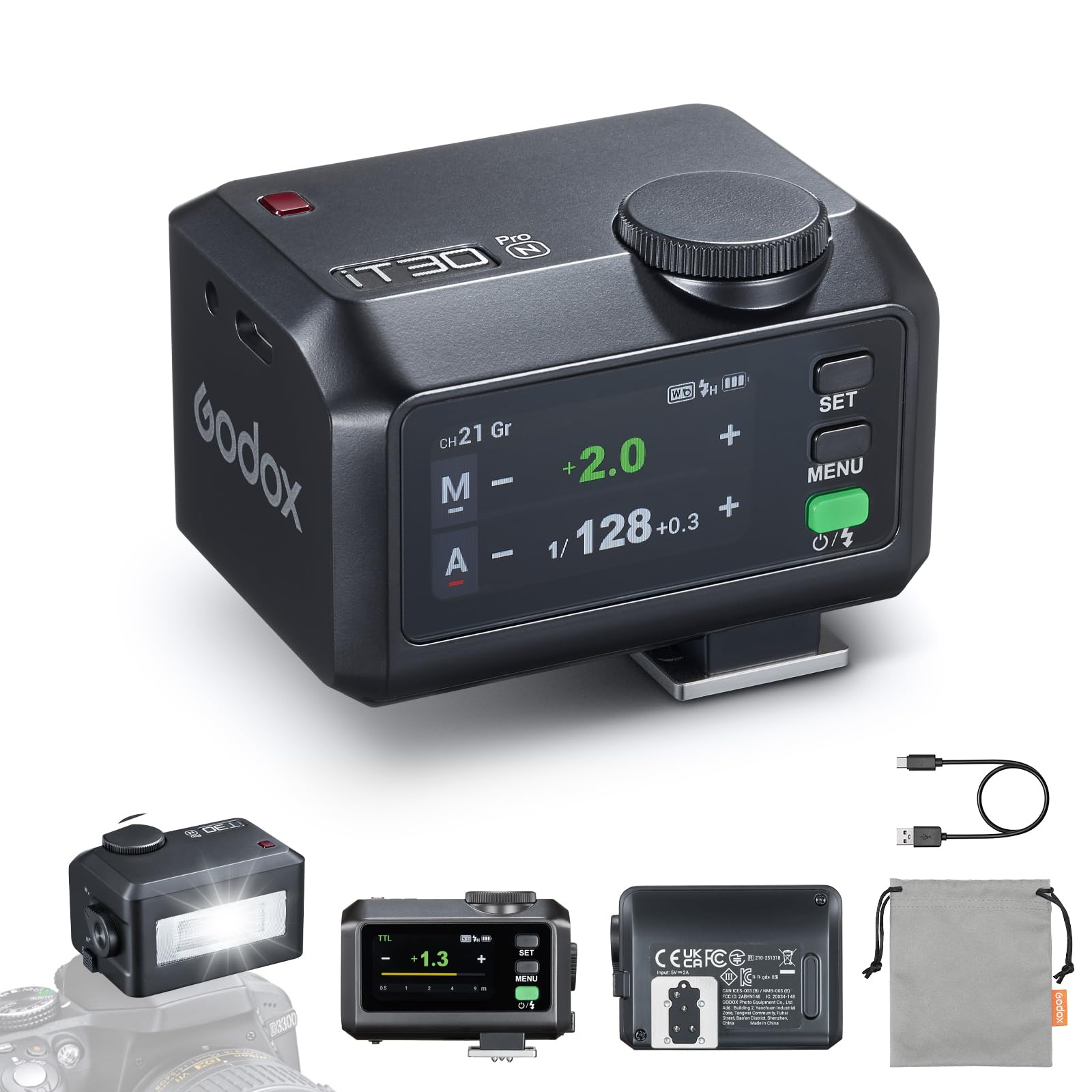 Godox iT30Pro N iT30 Pro N TTL Mini Flash, 2.4G Wireless HSS 1/8000s, controllo touchscreen, diffusore integrato, ricaricabile USB-C, 560 flash a piena potenza, compatibile con fotocamera Nikon