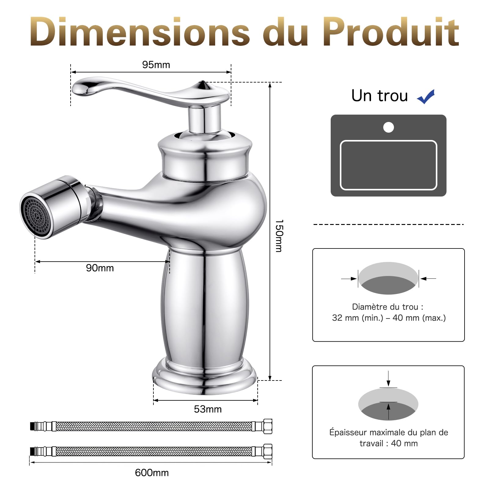 Robinet de Bidet Monocommande, Mitigeur Lavabo Robinet de Salle de Bains avec Bec Pivotant, Raccord Standard G3/8, Chromé