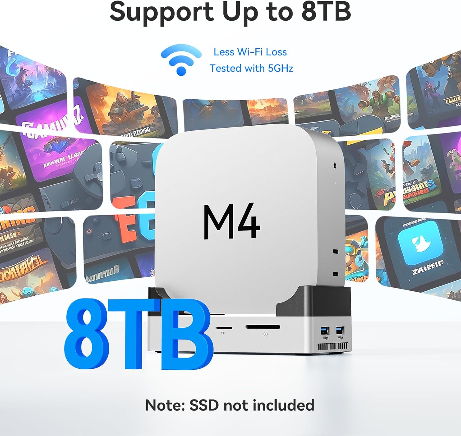 ANYOYO 10Gbps Mac mini M4 Dock, 8TB NVMe M.2 SSD Enclosure, HDMI 4K@60Hz, 2×USB-A 3.1, 2×USB-A 2.0, SD/TF Card Reader, PD30W, Wi-Fi Signal Friendly, USB Hub with Cooling Fan for Mac mini M4&M4 Pro