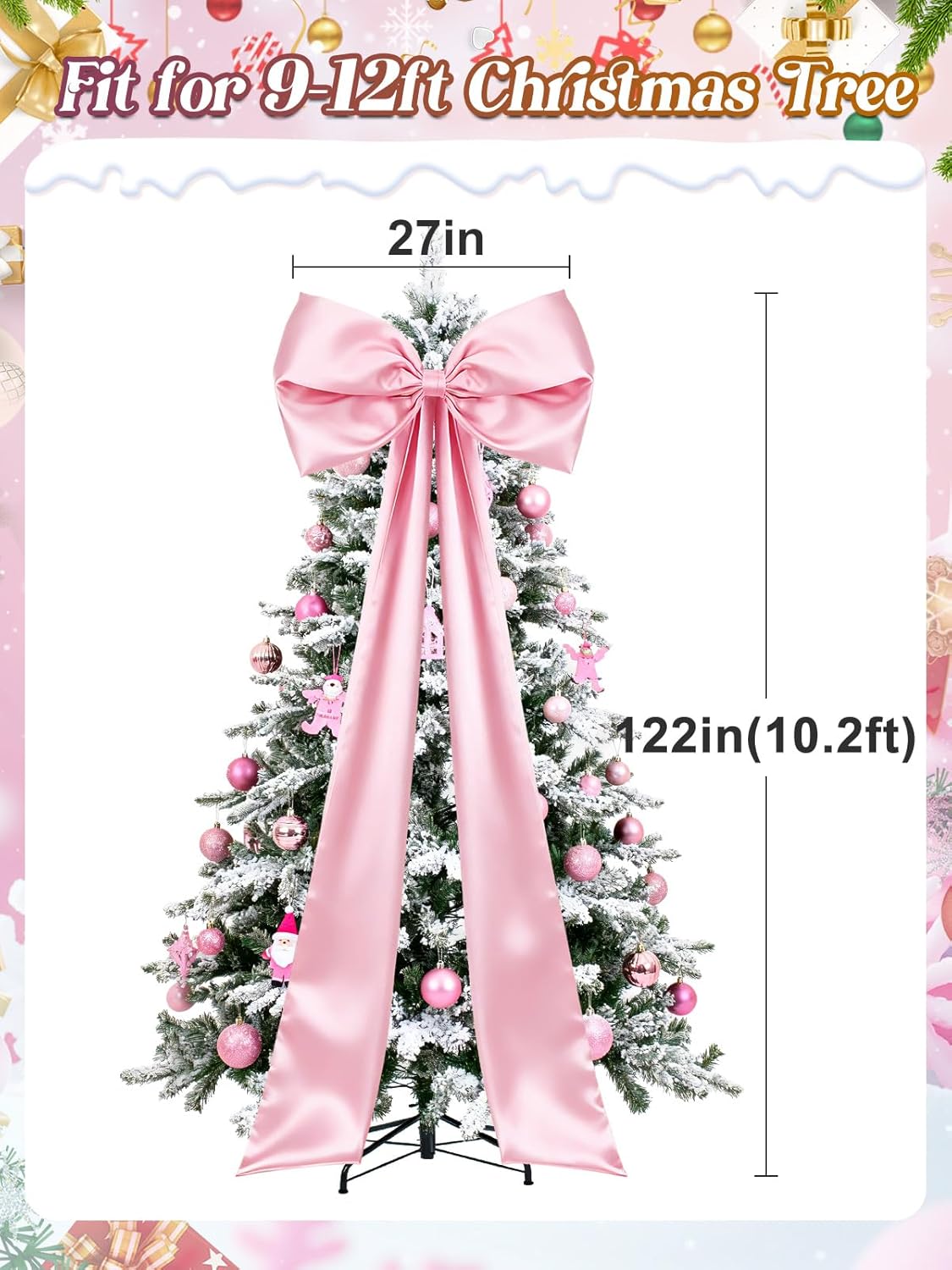27 x 122 Giant Pink Bow for Coquette Birthday Decorations - Satin Bow with Long Streamers for Christmas Tree Topper Room Decor