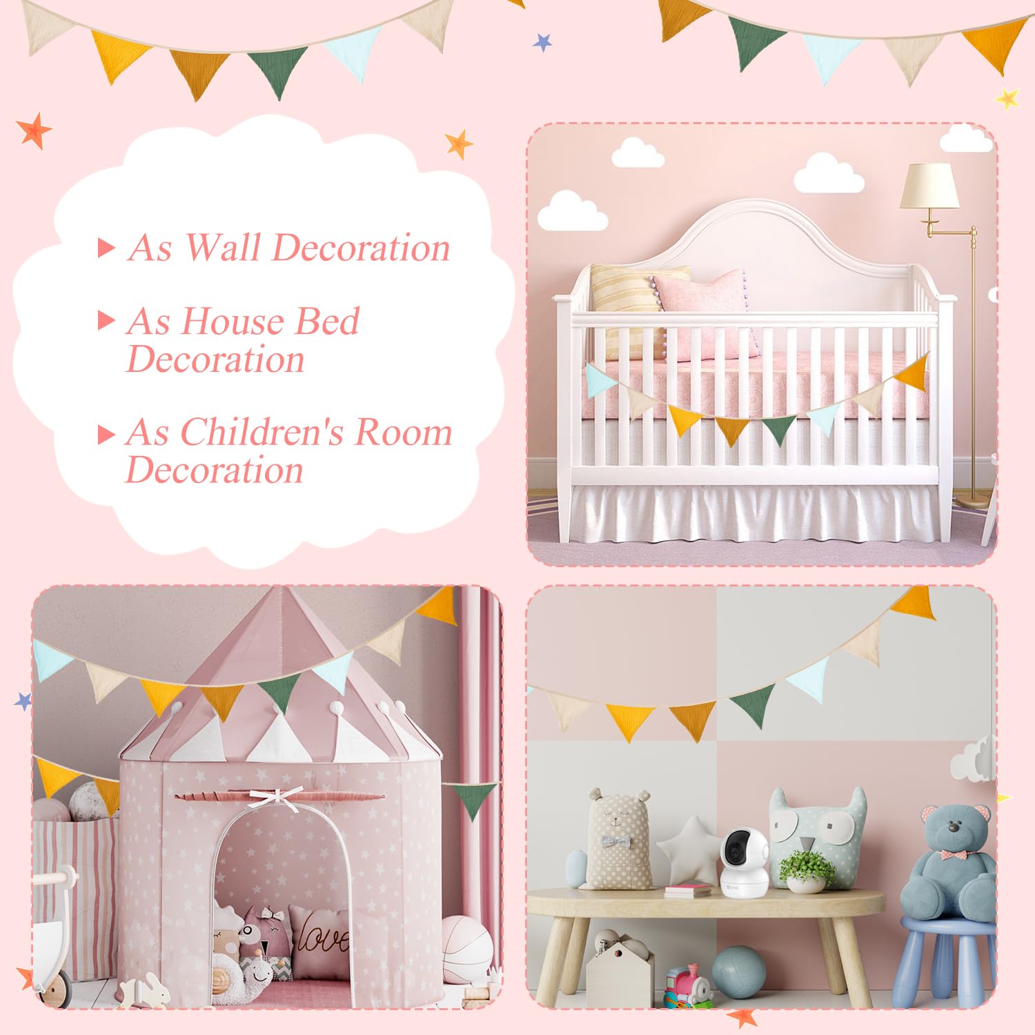 Ghirlanda In Tessuto Con Pon Pon 2,6 M - 10 Bandierine Double Face Multicolore, Per Cameretta Bambini E Feste - 4