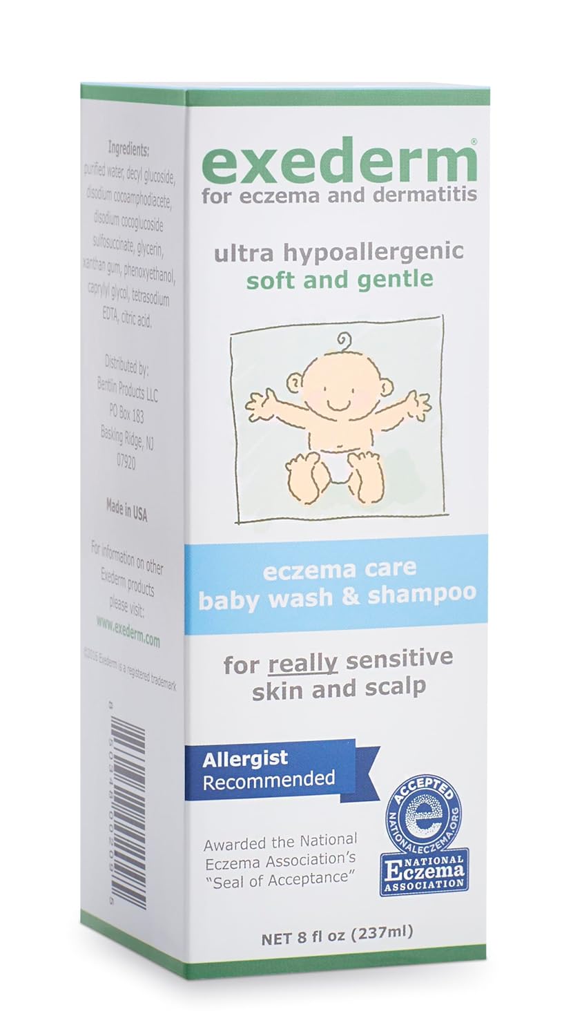 Exederm Baby Wash for Eczema and Dermatitis, 8 Fl Oz, Ultra Sensitive Non-Irritating Baby Bath Essentials for Dry, Delicate Skin, Hypoallergenic, Color, Fragrance, Paraben & Sulfate Free