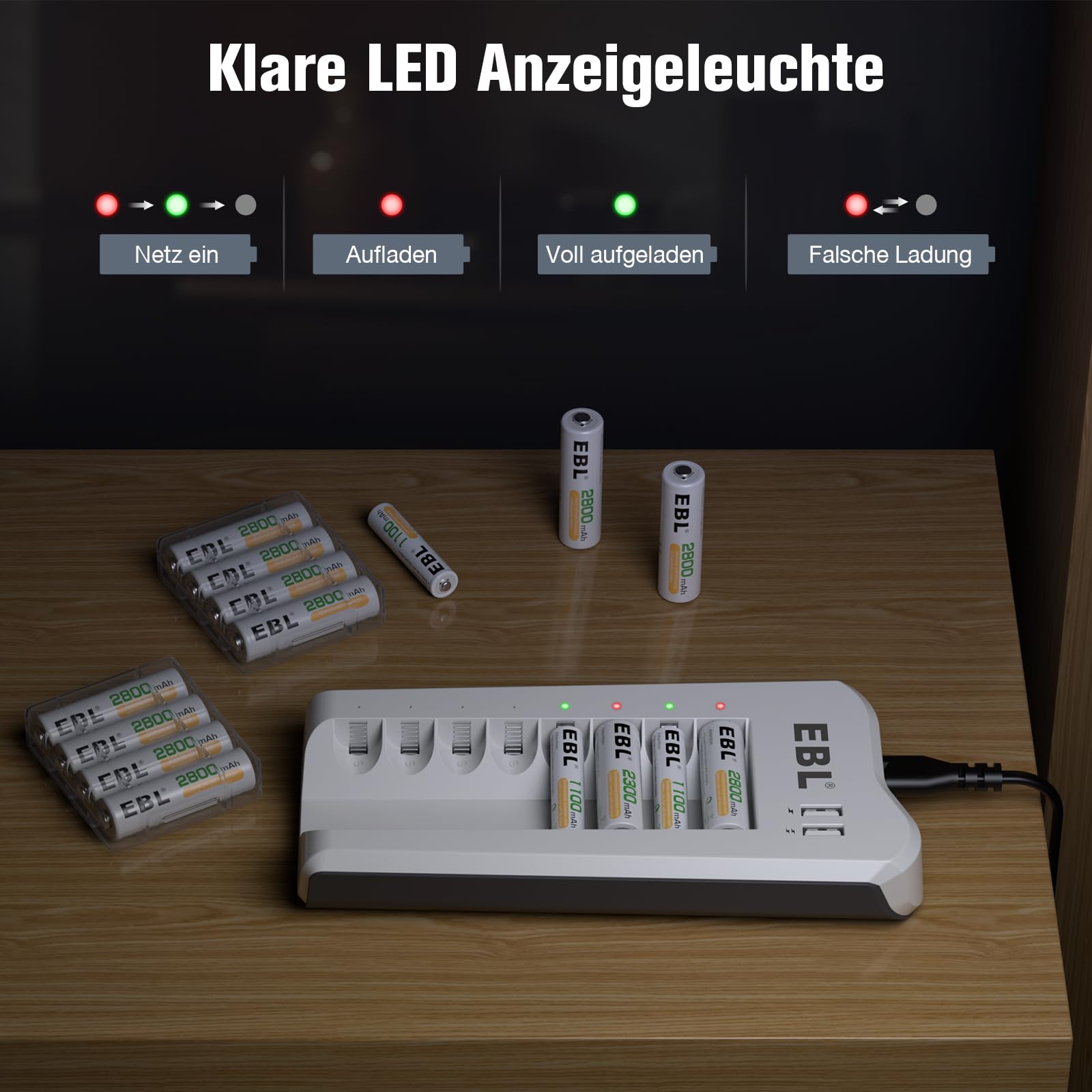 EBL Akku ladegerät mit AA Akku 2800mAh 8 Stück - Batterieladegerät mit 2-USB Port für AA, AAA, NI-MH Akkus und USB Geräte, Multischutz, LED Anzeige für Akkus