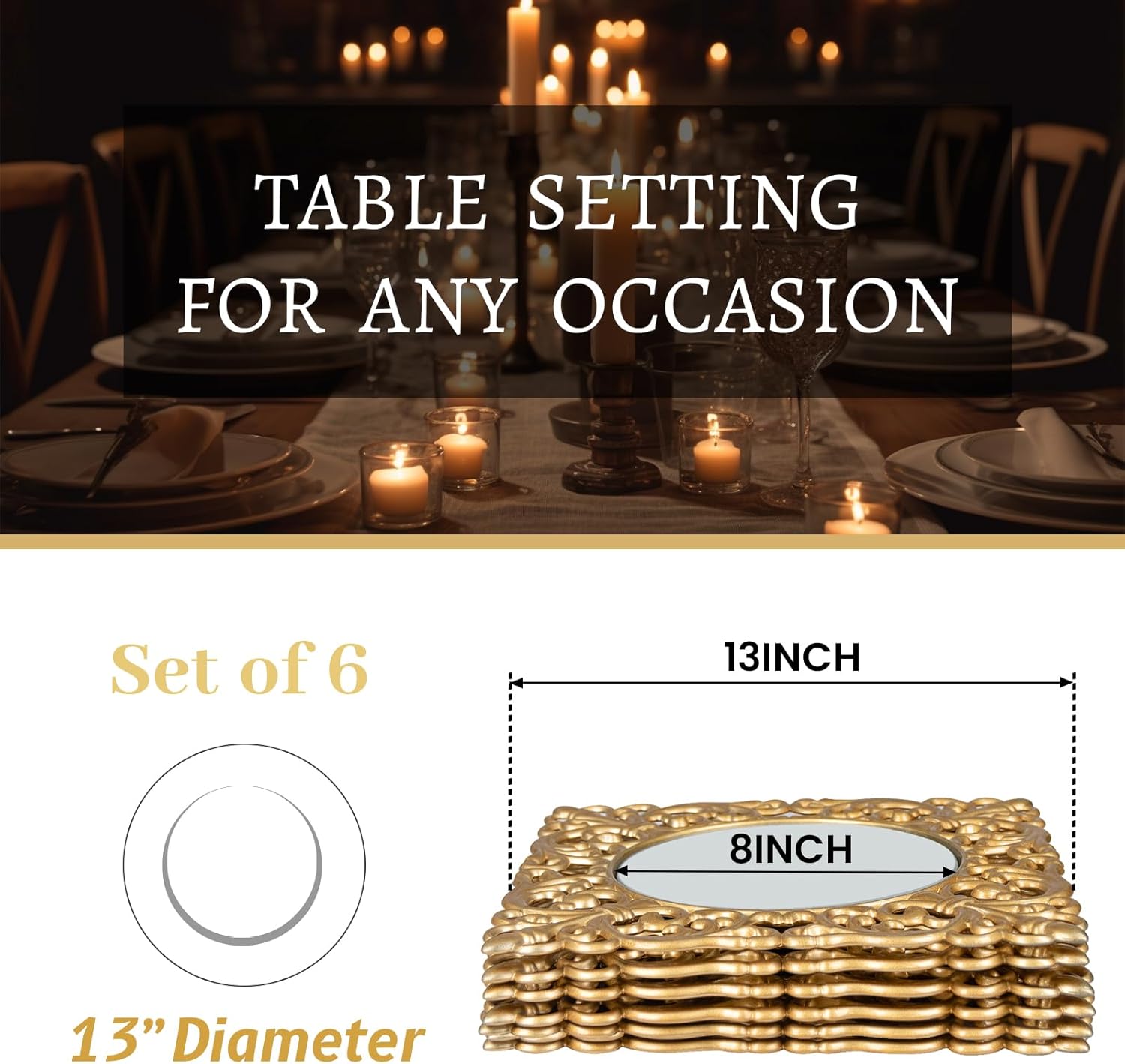 MAONAME 12" Gold Charger Plates Set of 6, Mirror Charger for Dinner Plates, Plastic Plate Chargers with Embossed Rims, Square Chargers for Table Setting, Wedding