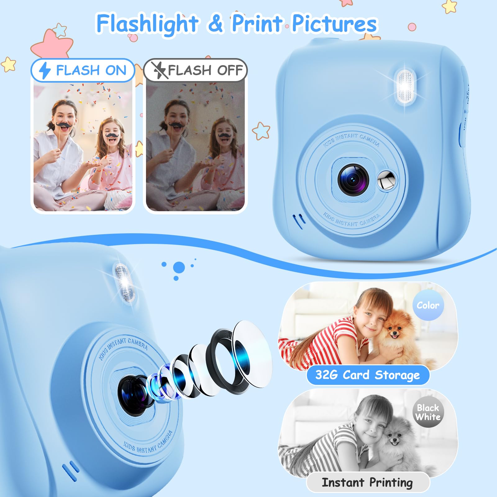 Hangrui Kinderkamera Sofortbildkamera, 14MP Sofortbildkamera Kinder mit 32G Karte & Druckpapier, 1080P Kamera Kinder Sofortdruck mit Farbige Stifte, Geschenk für 3-12 Jungen und Mädchen-Blau
