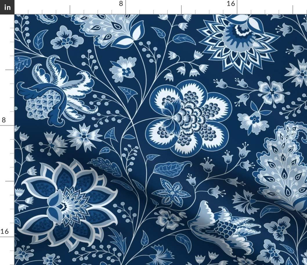 Spoonflower Fabric - Chintz Dark Blue Classic Color Year Ornate Chinoiserie Floral Vintage Printed on Petal Signature Cotton Fabric Fat Quarter - Sewing Quilting Apparel Crafts Decor