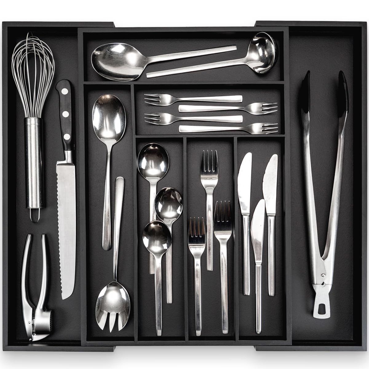 budu Cutlery Tray #45 (Depth 45 cm) Made of Bamboo - Black - Drawer Organiser System for the Kitchen - Cutlery Tray for Bamboo Drawers - Extendable - Kitchen Drawer Organiser