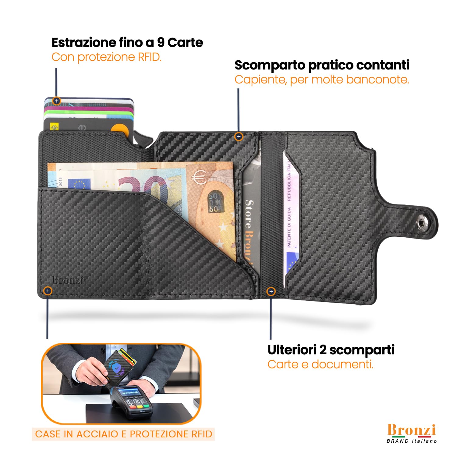 Bronzi® Portafoglio Uomo Slim Piccolo | Portacarte Uomo Donna Portatessere Porta Carte Di Credito | Portafogli Mini Protezione RFID con Portamonete | Box Regalo - Brand Italiano