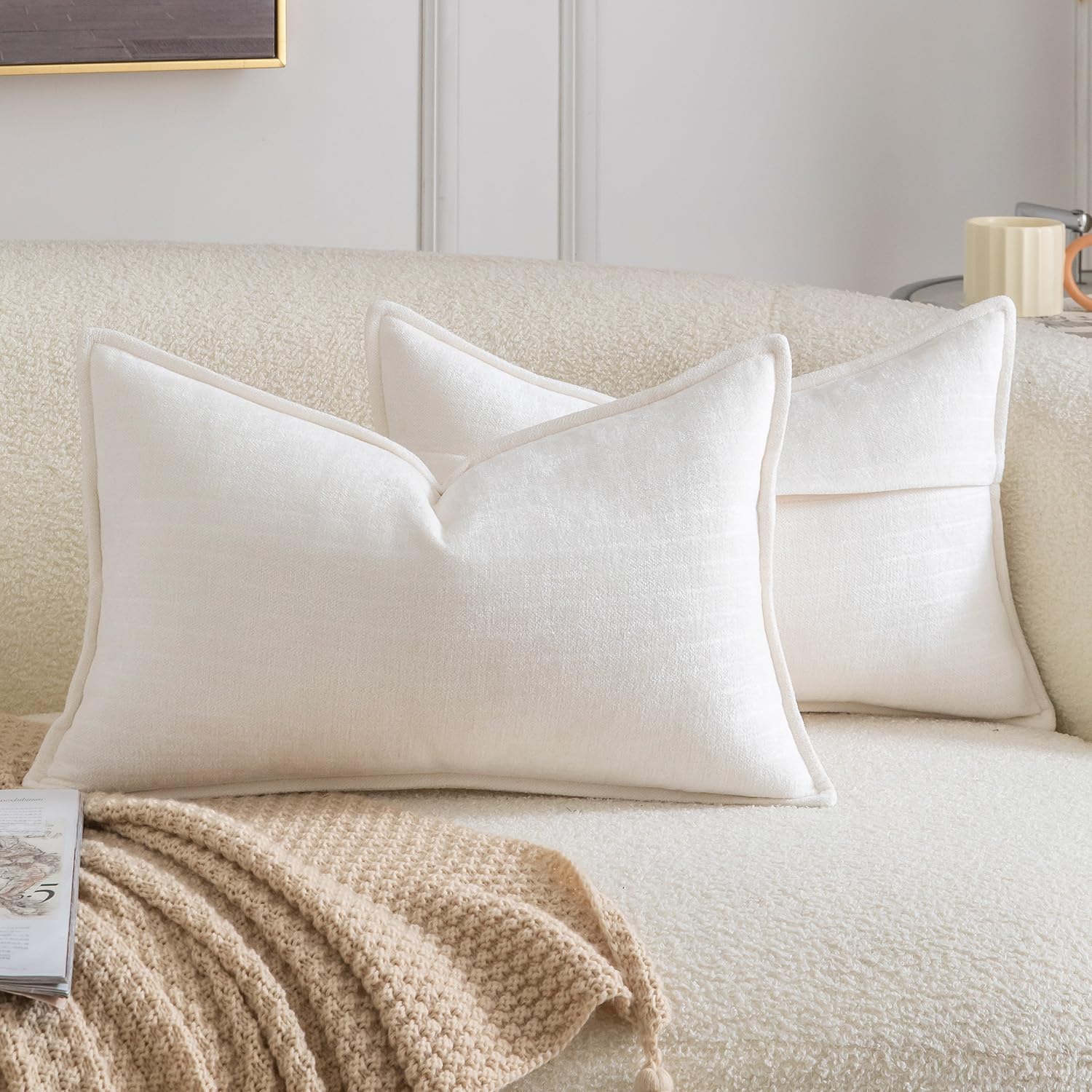 Madizz Pack of 2 Decorative Striped Cushion Covers Vintage Boho Soft Chenille Throw Pillows Luxurious Pillow Cases for Couch Sofa Bedroom Living Room 30x50 CM, Cream โ image 1