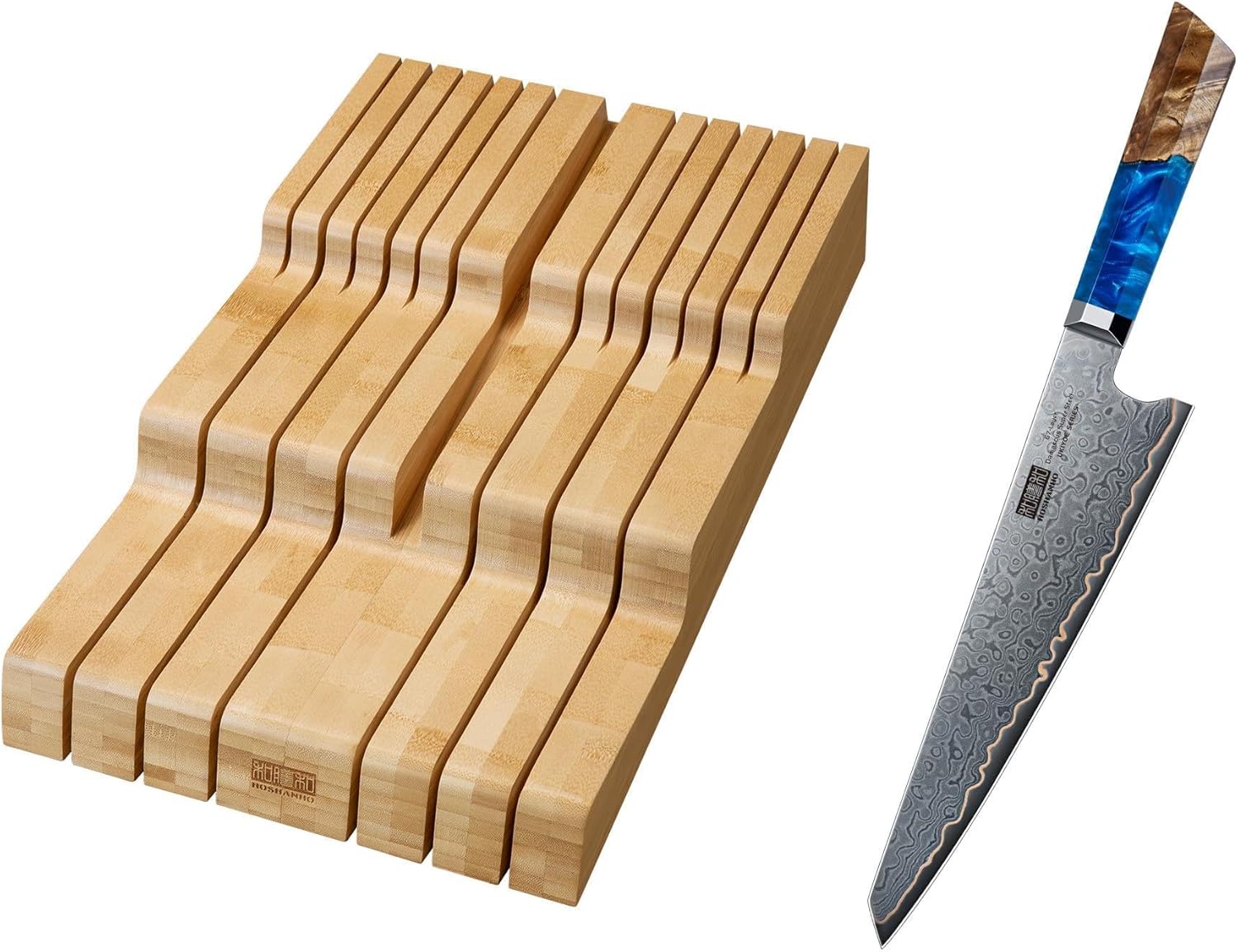HOSHANHO In-Drawer Knife Block, Large Bamboo Knife Drawer Organizer for 12 Knives & Damascus Chef Knife 8 Inch, 67-Layer Damascus Super Steel Professional Kitchen Knife