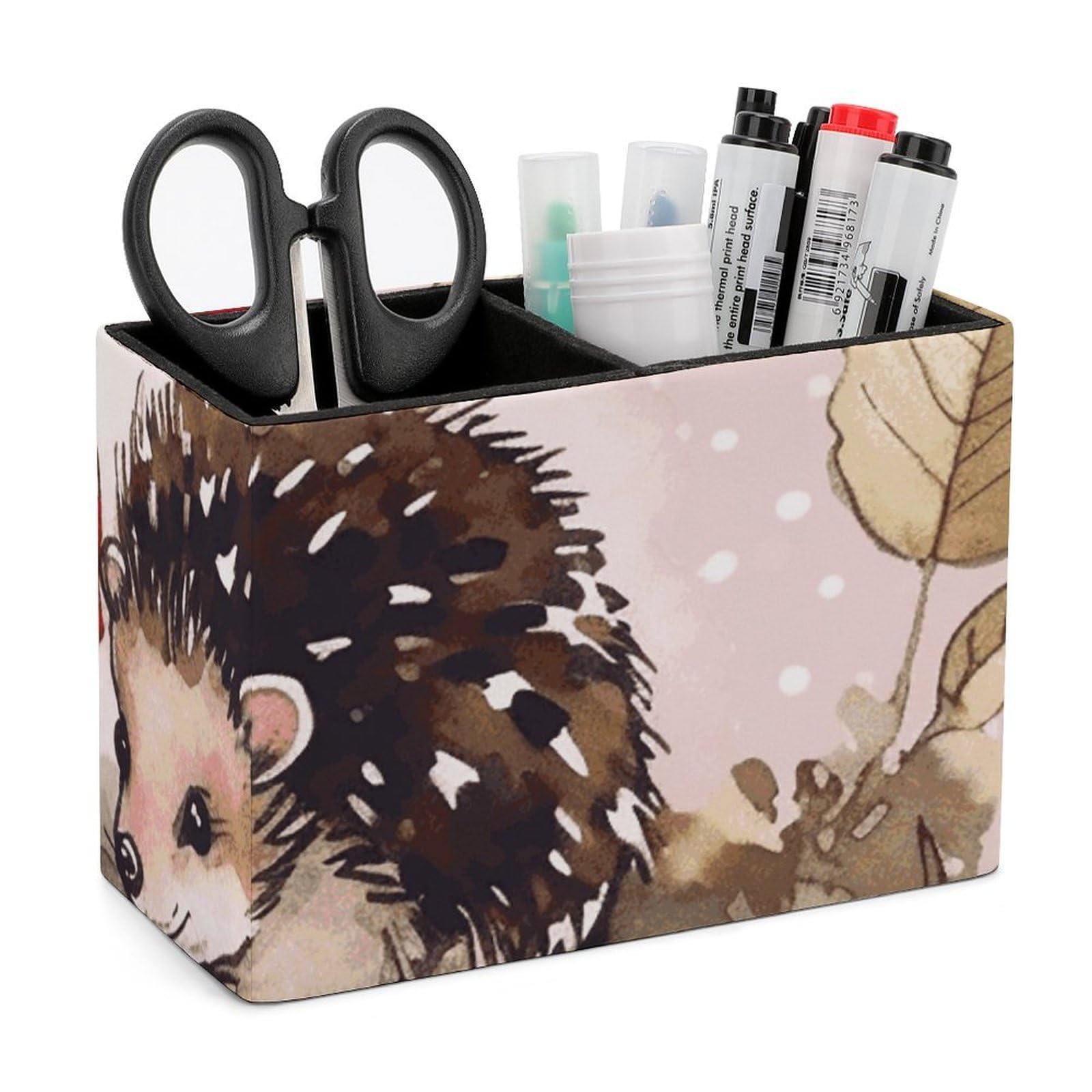 JTREHY Hedgehog Watercolor Painting Pencil Holder Exquisite Fashion Leather Pen Receptacle Soft High-End Pen Container for Office Home Accessories Or Housewarming Present