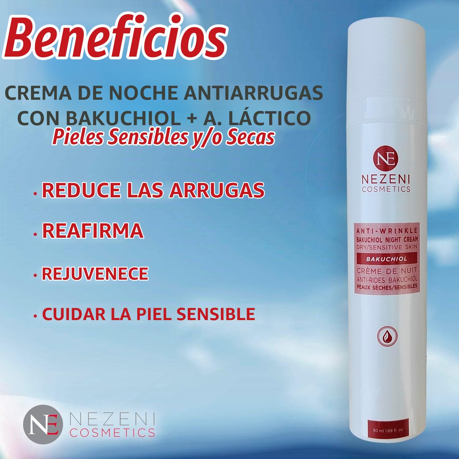 Nezeni Crema Noche BAKUCHIOL 3% Antiarrugas Mujer/Hombre 26 Activos | Rellenador Arrugas Profundas | Crema Antiarrugas Noche Reafirmante Cara, Cuello y Escote | Piel Seca y/o Sensible