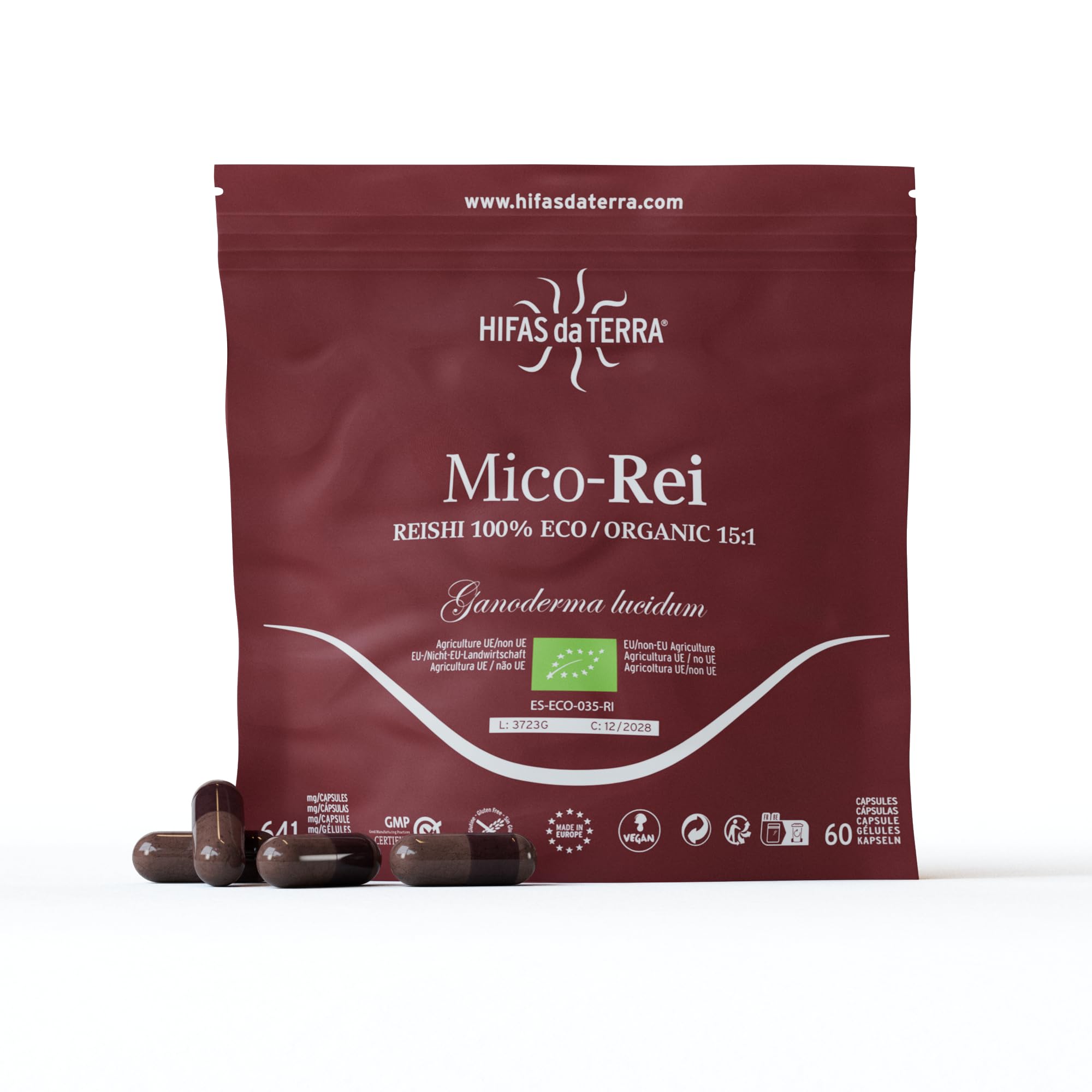 HIFAS DA TERRA - Mico-Rei Extracto Puro de Reishi (Ganoderma lucidum) extracto puro + Vitamina C natural - Extracto de Hongos - Defensas, Circulación y Bienestar Integral - Refill 60 Cápsulas
