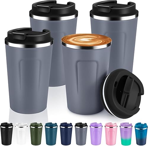 Miniatura 8 de Volhoply Taza de café de viaje con aislamiento al vacío de 12 oz de doble pared con tapa abatible, taza de café reutilizable de acero inoxidable a