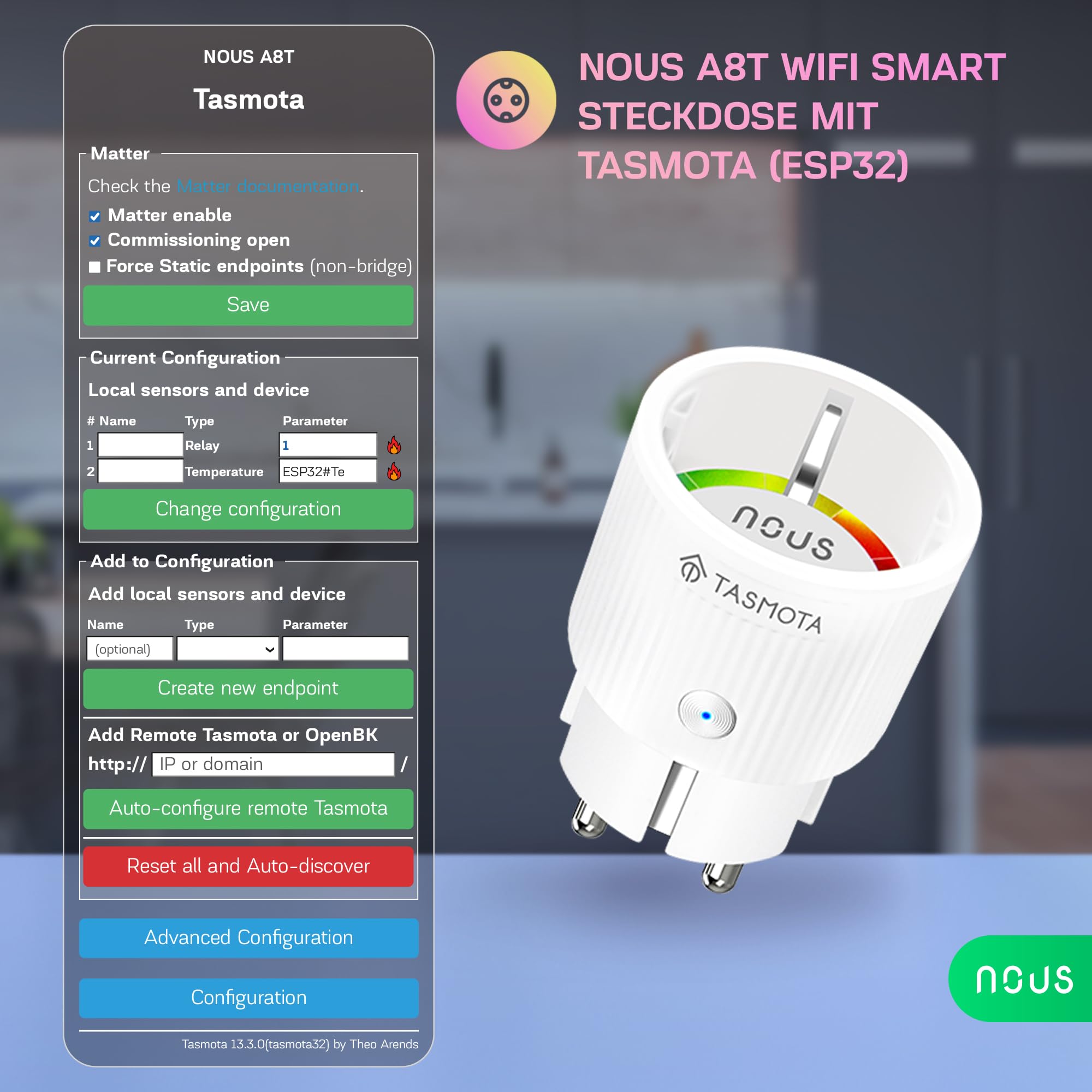 Tasmota Prise NOUS A8T, la plus petite prise Wi-Fi ESP32, mini prise Wi-Fi 10 A avec consommation d'énergie, minuterie, compatible avec Matter, Alexa, Google Home, Assistant, MQTT, 2,4 G