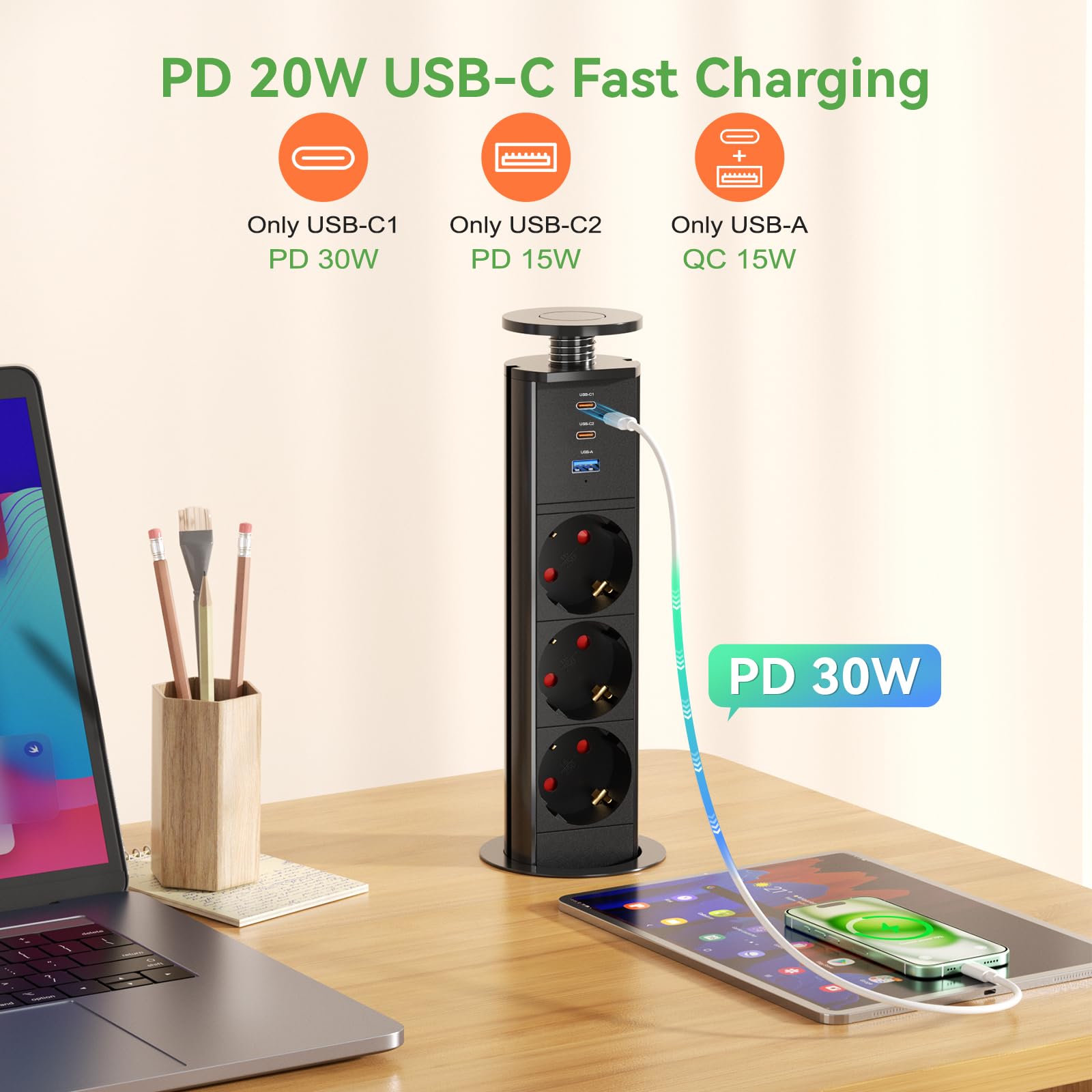 HANNELORE Presa da tavolo retrattile USB C, presa da tavolo a 3 vie con 2 USB, presa multipla integrata per piano di lavoro, ufficio, cucina, officina, cavo da 1,8 m, 4000 W/16 A, nero