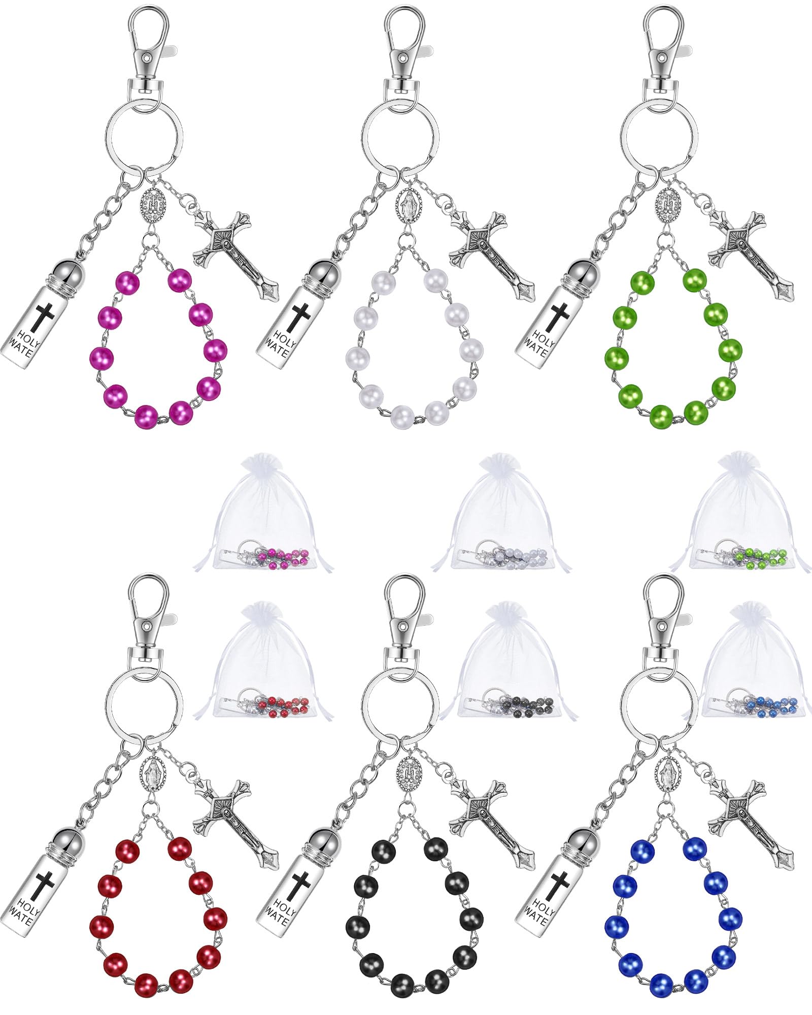 6 Set Holy Water Container Keychain Gift Bulk with Rosary Bead Crucifix Organza Bags Eye Dropper for Catholic Christian Baptism Party Favor (Multi Color)