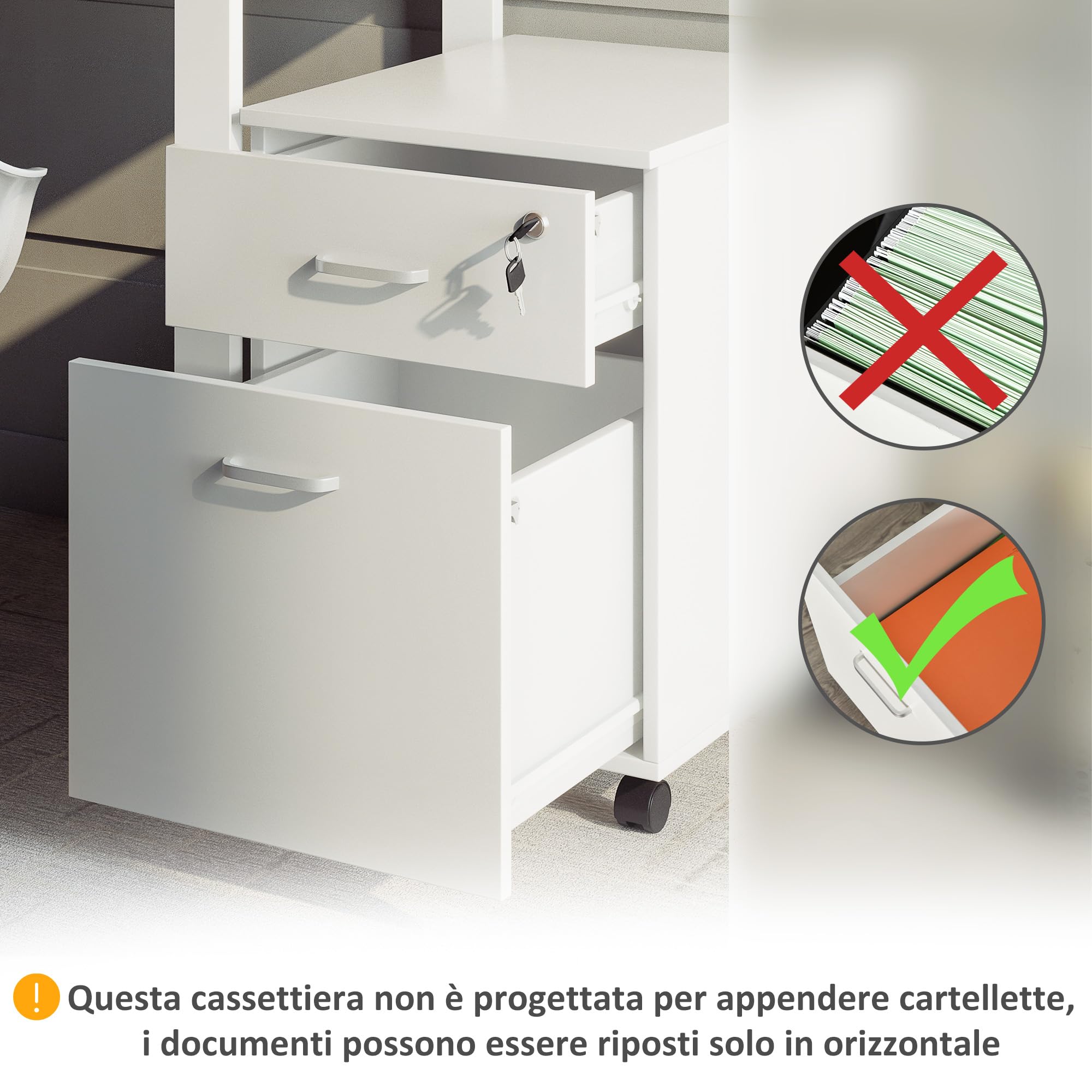 Vinsetto Cassettiera Ufficio con 2 Cassetti e 5 Ruote, Schedario da Ufficio in Legno con Serratura Porta Documenti Cartelle, Ideale per Soggiorno, Studio, 40x49x58 cm, Bianco