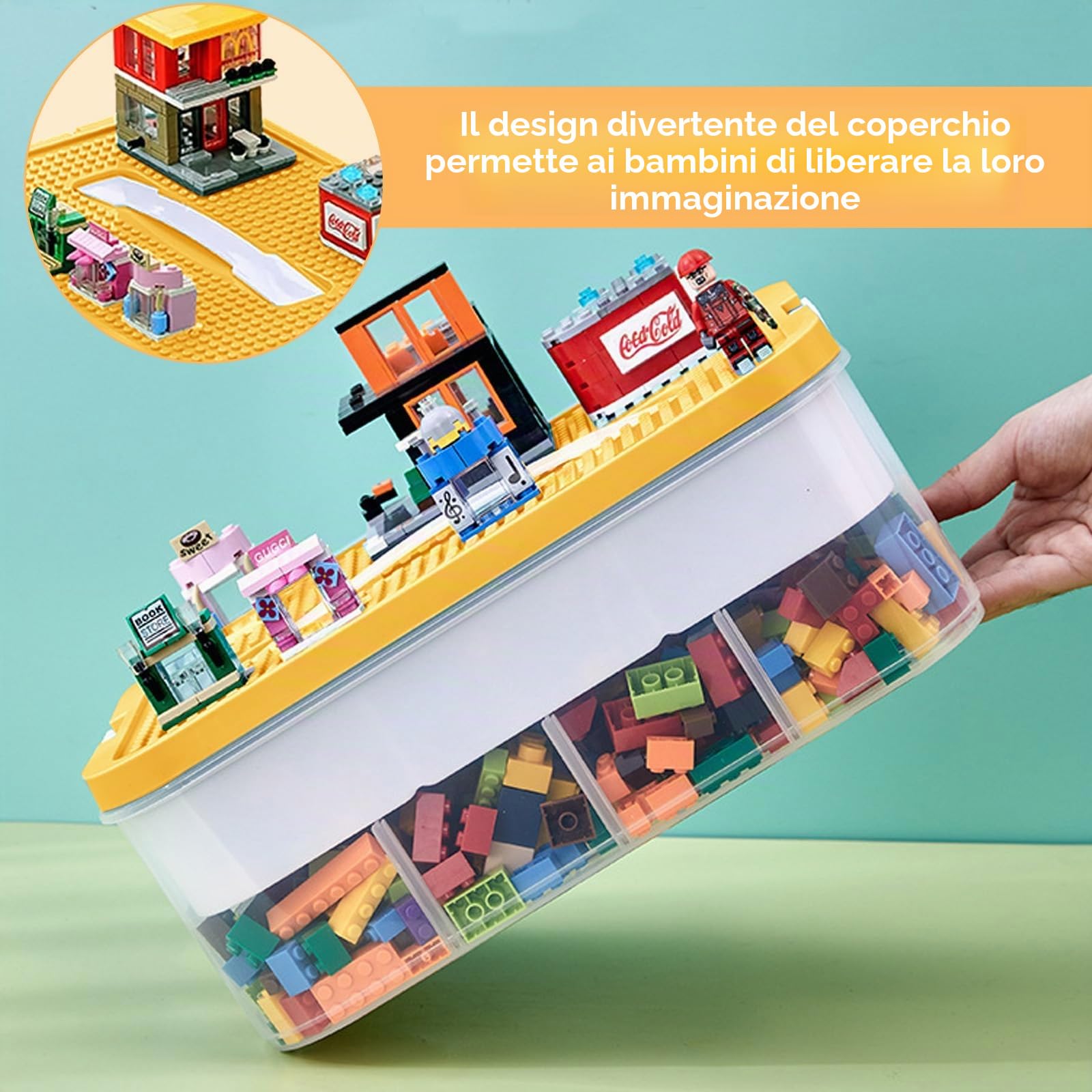 Contenitore per Giocattoli, Scatola di Immagazzinamento di Blocchi da Costruzione per Bambini con Coperchio, 3 Strati Scatole Plastica Impilabili Trasparenti con Scomparti per Riporre (Giallo)