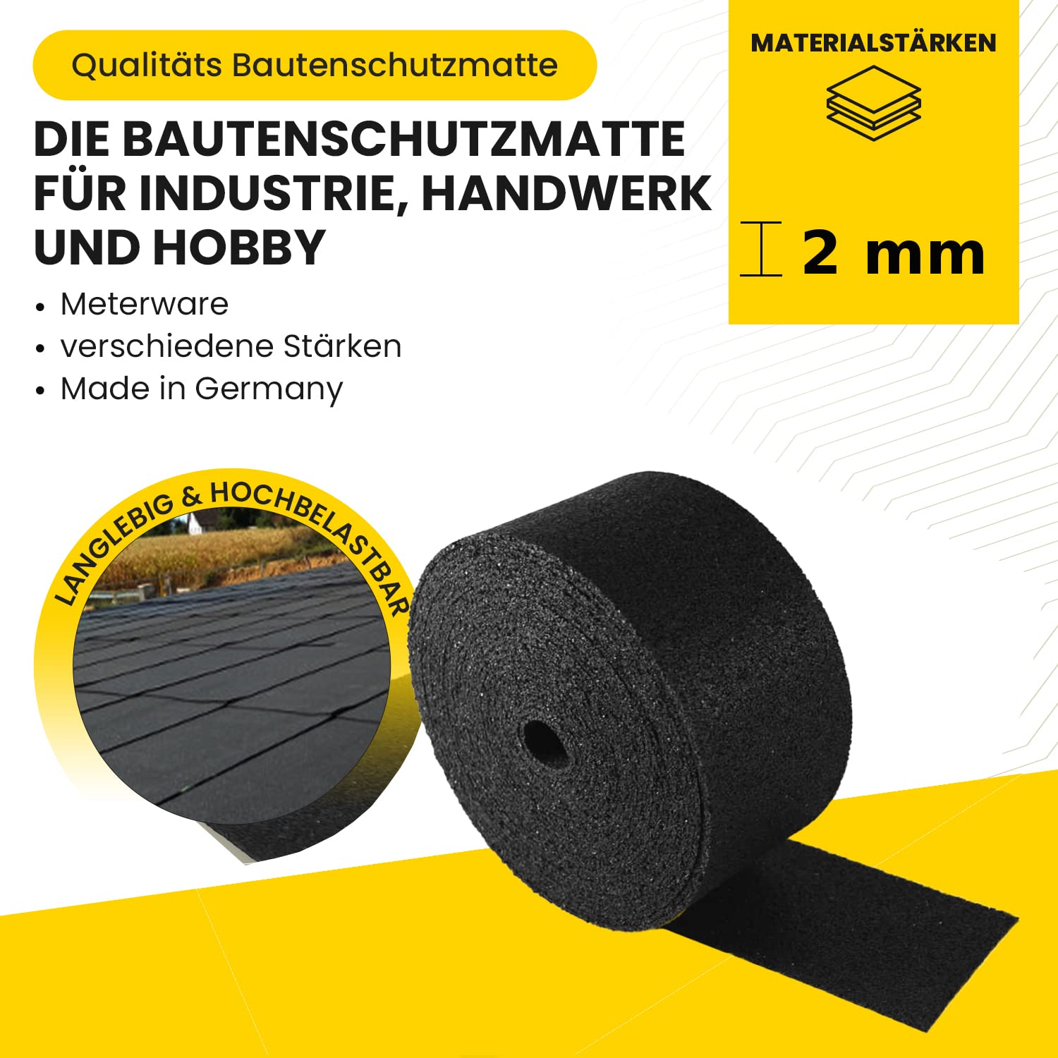 GMP Bautenschutzmatte 2 mm x 1 m x 10 m | Terassenpad Rolle | Unterleger Gerüstbau | Unterkonstruktion WPC, Fliesen, Dielen | Verschiedene Größen | Gummigranulat