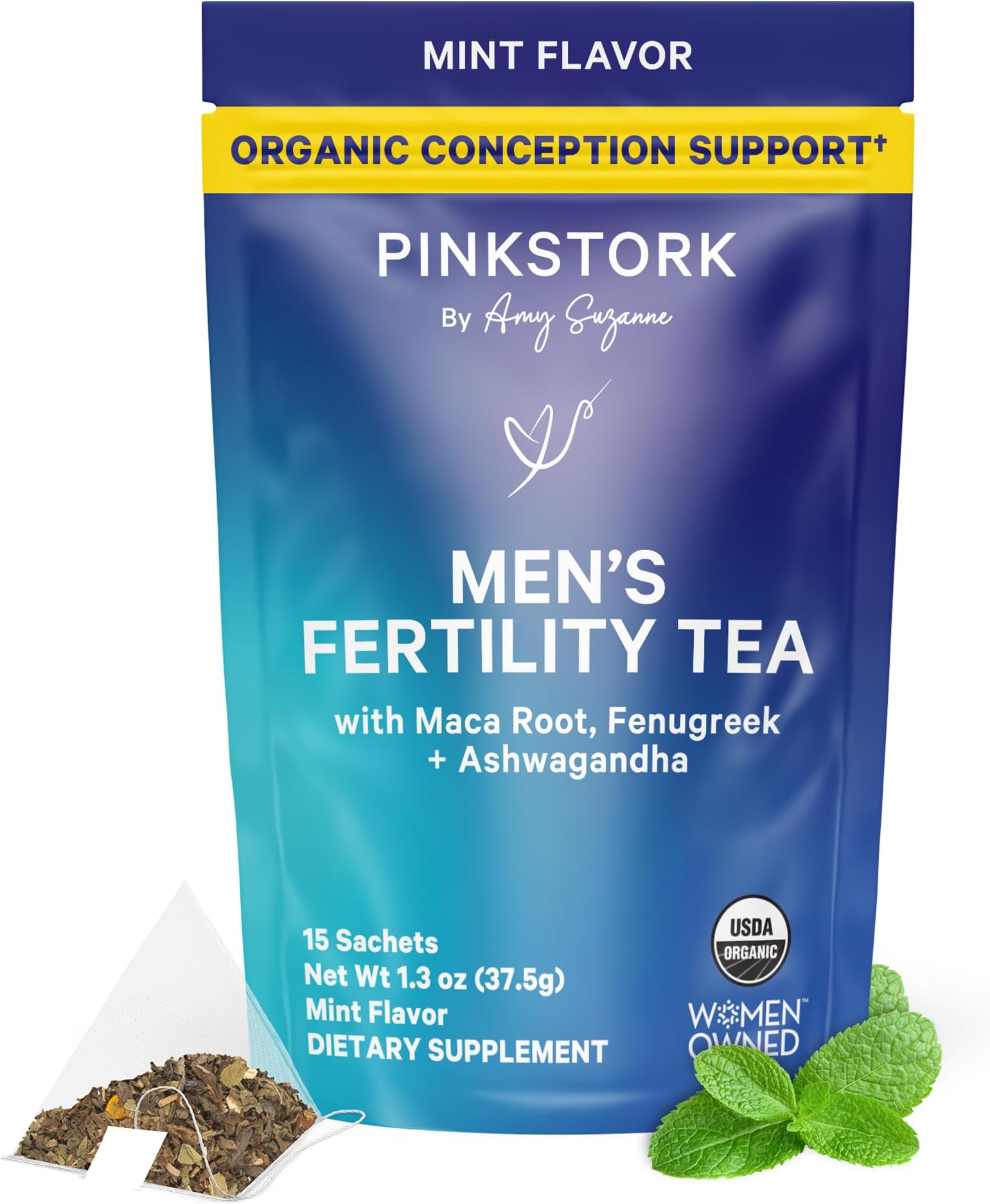 BlueStork Men's Fertility Tea: Organic Fertility Supplements for Men, Green Tea, Maca Root, and Ginkgo Biloba for Male Reproductive Health, Mint, 15 Sachets