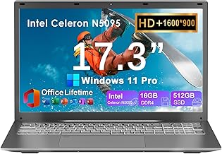 Laptop Computer 17 17.3 inch HD+ Display, Windows 11 Pro + MS Office for College Students Business, Intel 4-Core Celeron N5095, 16GB RAM 512GB SSD, Type-C, Backlit Keyboard, Fingerprint
