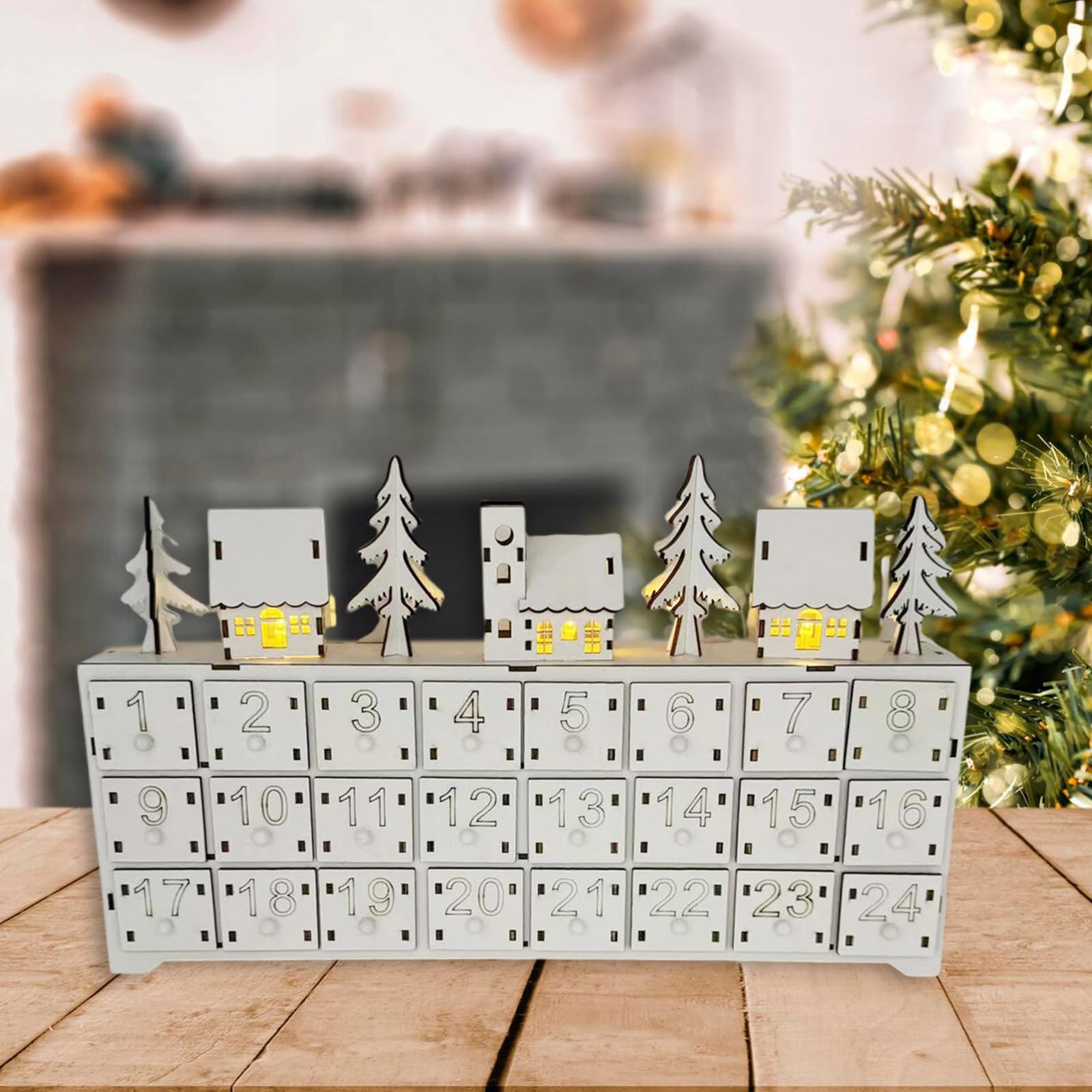 Holz LED Beleuchteter Adventskalender mit 24 Schubladen Countdown Kalender Desktop Dekoration Einzigartige Weihnachtsfeiertage