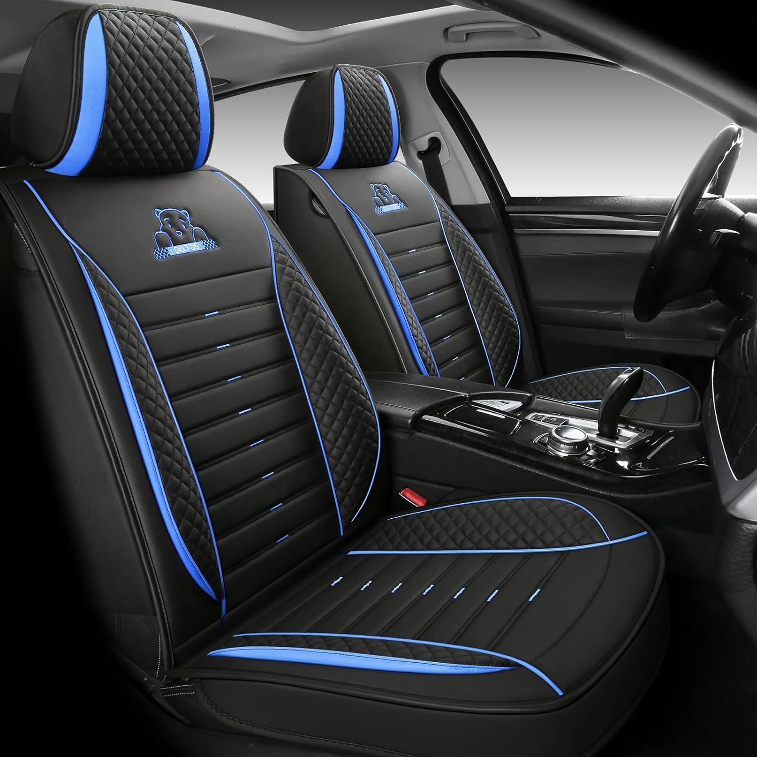 OUTOS Luxury Leather Auto Car Seat Covers 5 Seats Full Set Universal Fit (Black-Blue)