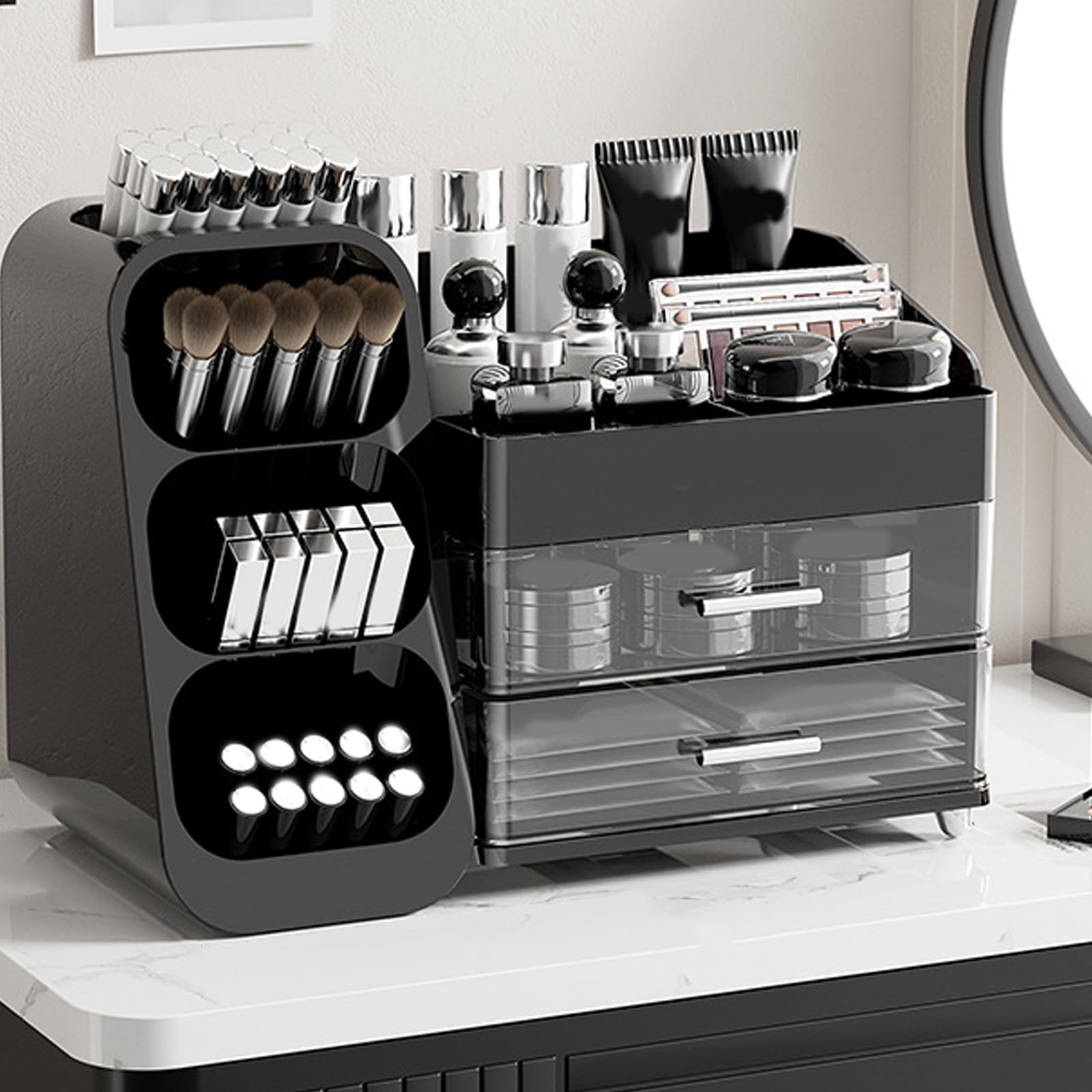 Effiziente Make up Aufbewahrungslösung mit Fächern für Kosmetika, transparente ABS Box, praktische kompakte Vitrine, Make up Organizer mit Schubladen