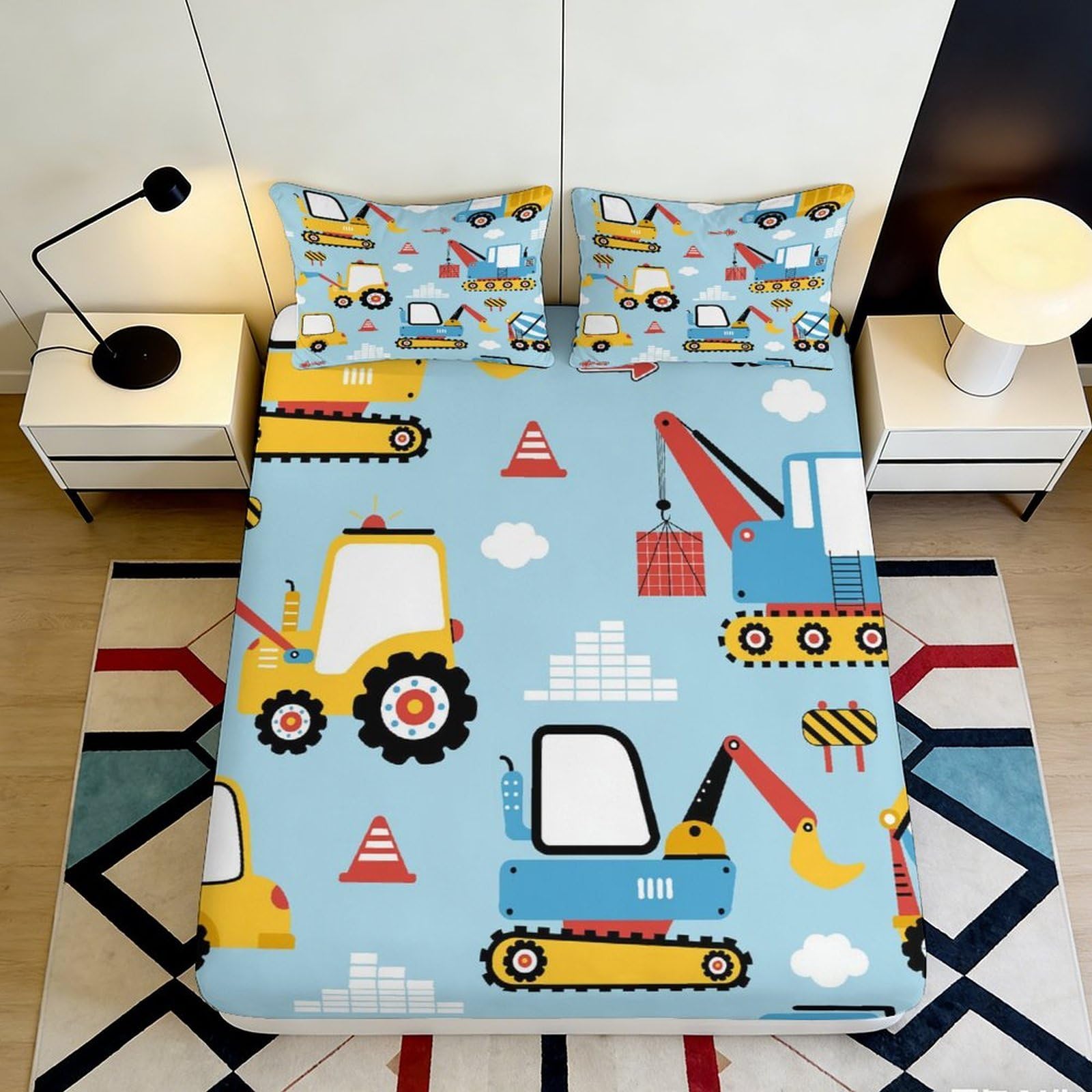 3D Printed Construction Vehicles Fitted Sheet Microfiber Non Slip Digger Trucks Mattress Cover for Bedroom Dorm Guest Room Easy Care 160x200x25cm