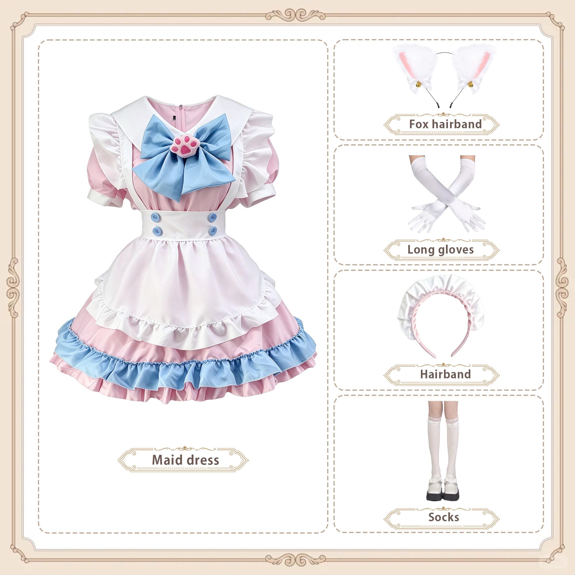 Maid Dress Damen Anime French Maid Outfit Lolita Dienstmädchen Kleid Lolita Dress mit Katzenohren Stirnband Handschuhe Strümpfe für Halloween Karneval Cosplay Party