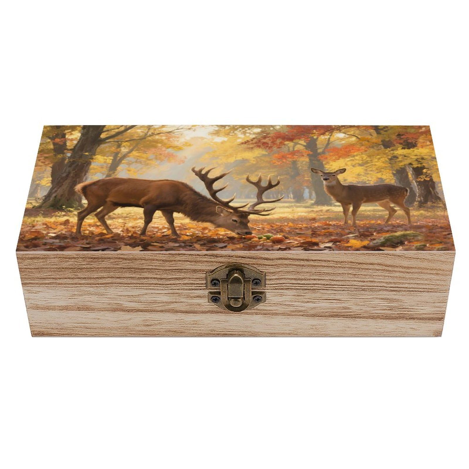 VstaDank Deers Fall Trees Wooden Box Sturdy Vintage Storage Box with Hinged Lid Exquisite Wood Keepsake Boxes Large Jewelry Case Cute Trinket Holder Unique Gift for Men & Women