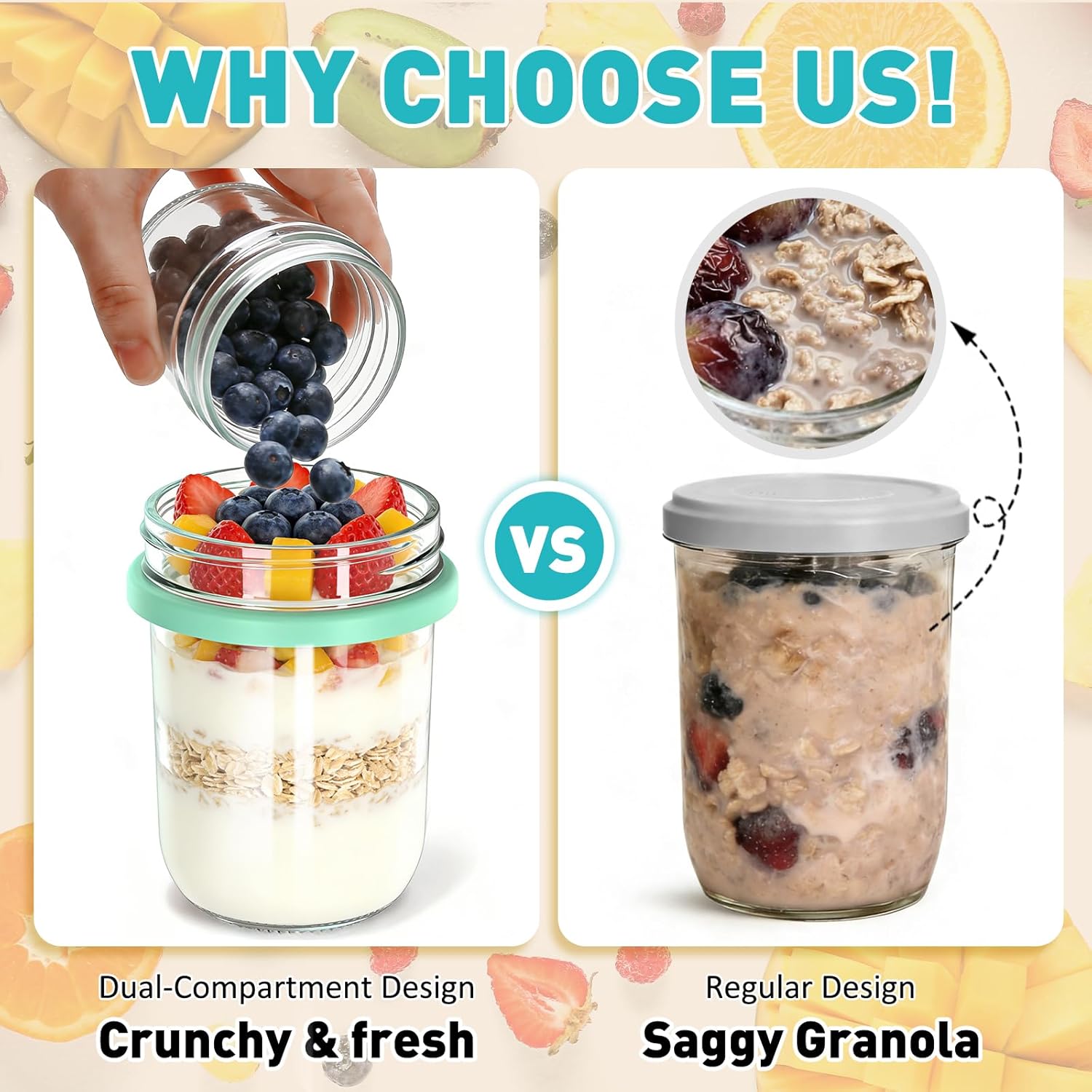 4 Pack Overnight Oats Containers with Lids and Spoons, 20 oz (16+4) Overnight Oats Jars with Dry and Wet Separation for Oatmeal Cereal Fruit Salad Yogurt, Dual-Layer Yogurt Containers with Lids - Image 5