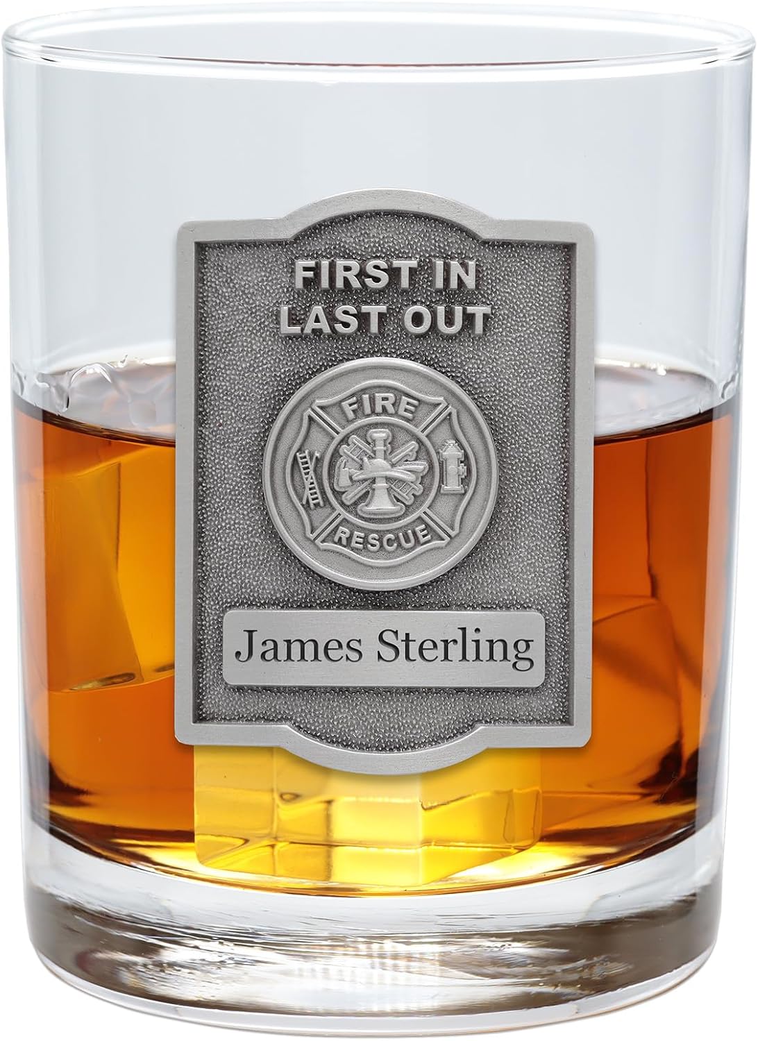 Indiana Metal Craft 13 Oz Whiskey Rocks Glass - Personalized Firefighter Gift with Custom Pewter Fire Rescue Seal Crossed Axes Emblem - Laser Engraved Name or Rank, Made in USA