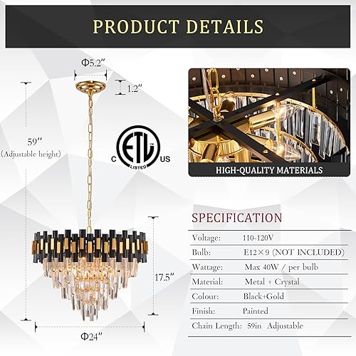 Miniatura 3 de CATINER Candelabros grandes de cristal negros y dorados para vestíbulo, lámpara redonda moderna de 24 pulgadas, lámpara colgante de techo de lujo, 5