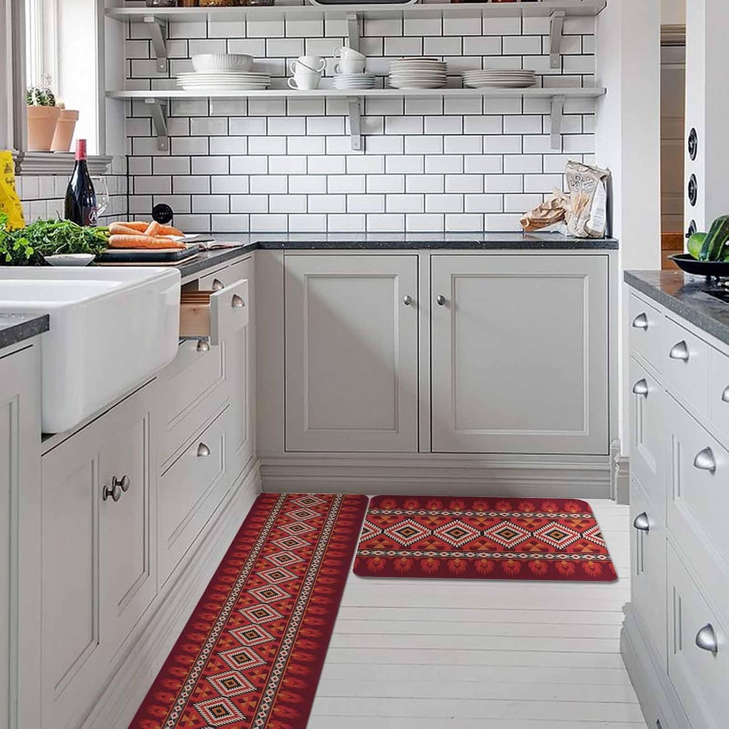 Red Retro Boho Kitchen Rugs and Mats Set of 2, Non-Slip Kitchen Sink Mat, Vintage Ethnic Tribe Abstract Art Washable Doormat Bathroom Rugs Runner for Bedroom/Living Room 19.7"x31.5"+19.7"x63"