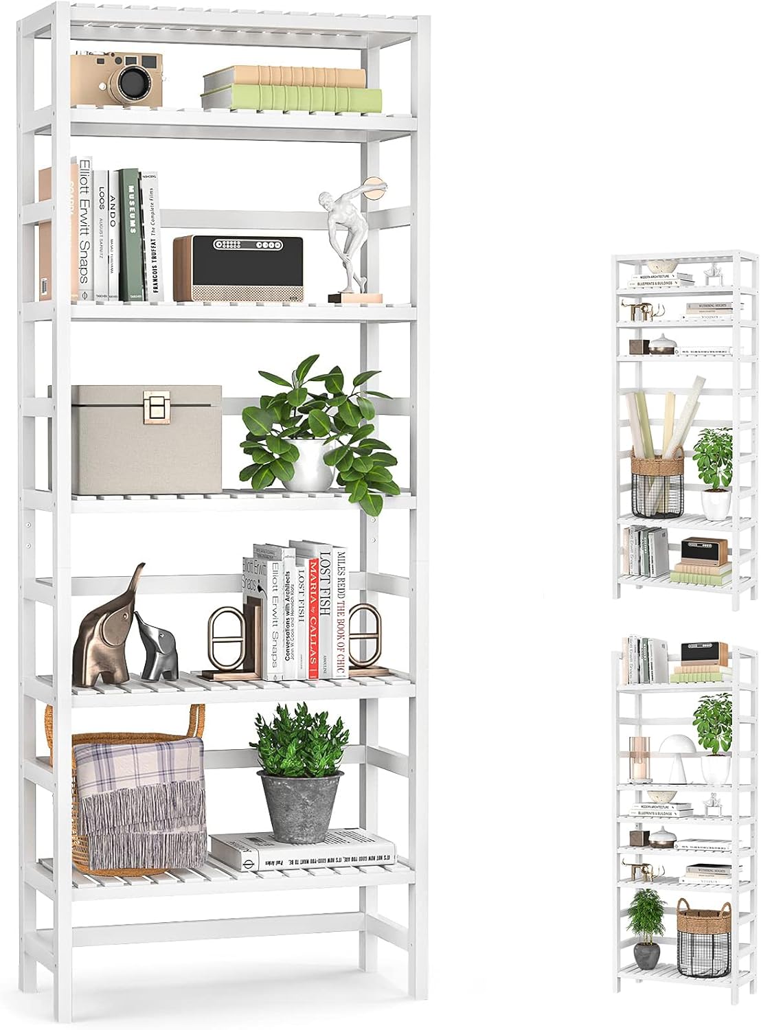 Homykic 6-Tier Adjustable Bamboo Bookcase, 63.4" Tall White Freestanding Bookshelf for Living Room, Kitchen, Bathroom, Office Storage