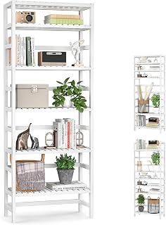Homykic 6-Tier Adjustable Bamboo Bookcase, 63.4" Tall White Freestanding Bookshelf for Living Room, Kitchen, Bathroom, Office Storage