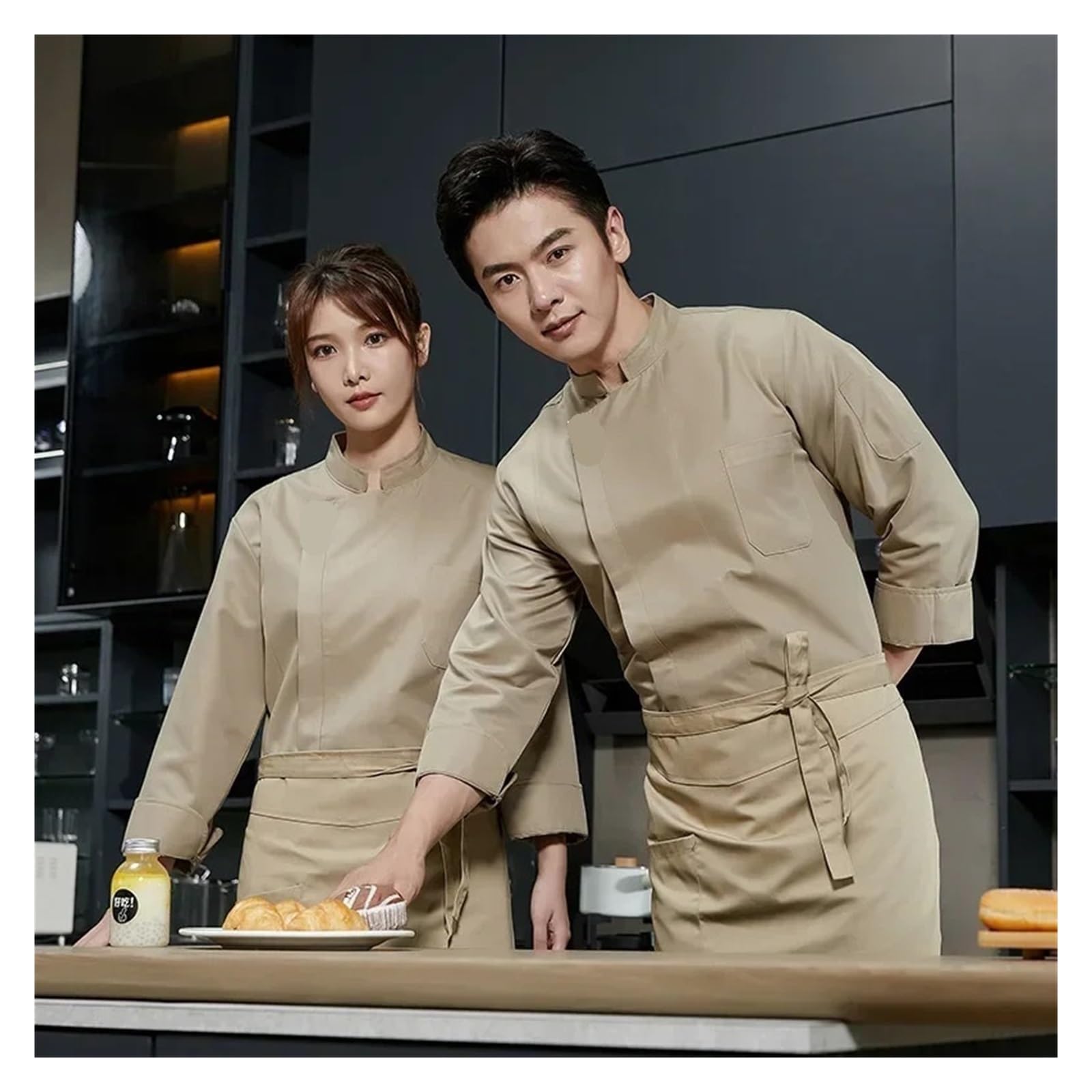 Uniforme de trabajo for camareros restaurante, uniforme chef catering, cocina manga corta for(Long-khaki,M)